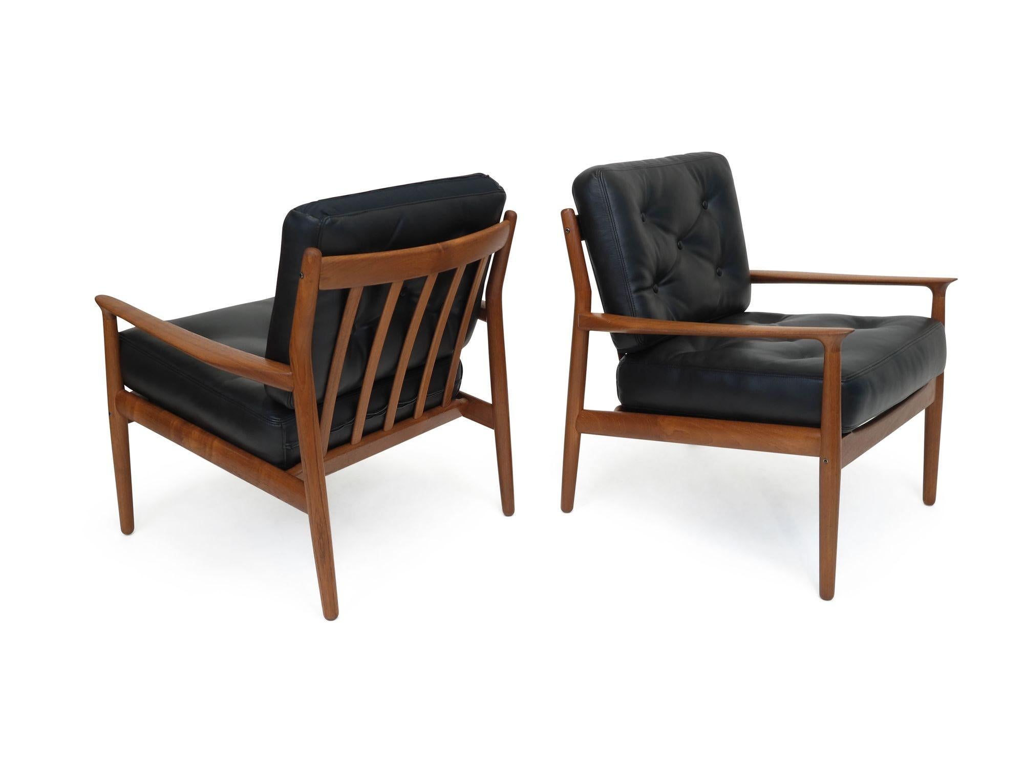 Grete Jalk Danish Teak Lounge Chairs in Black Leather 4