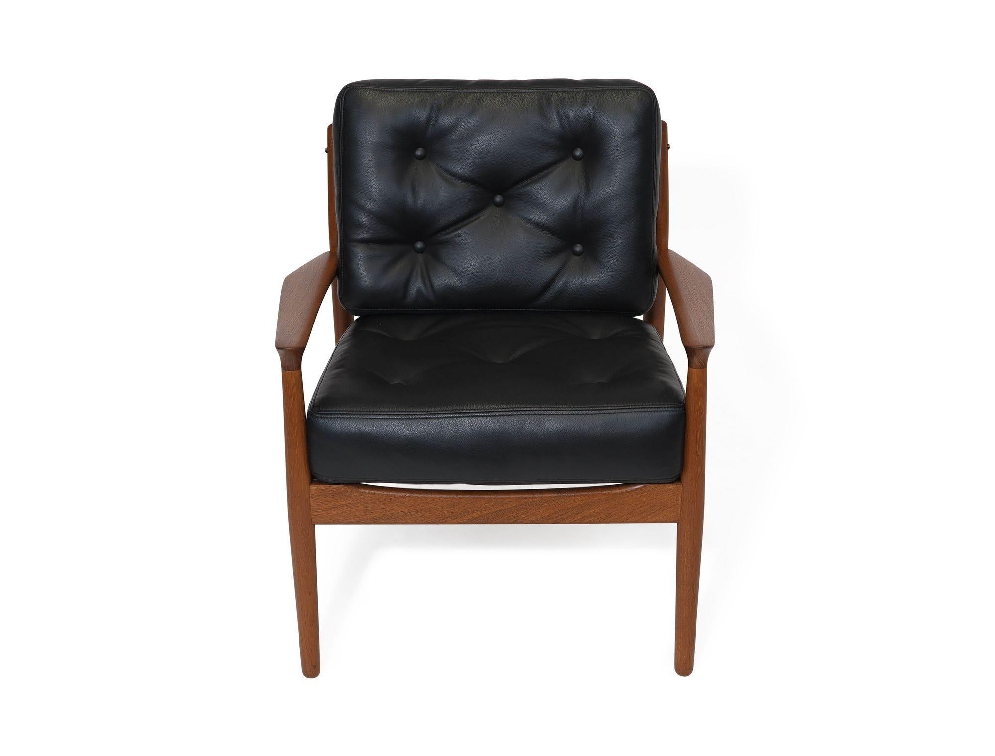 Mid-Century Modern Grete Jalk Danish Teak Lounge Chairs in Black Leather