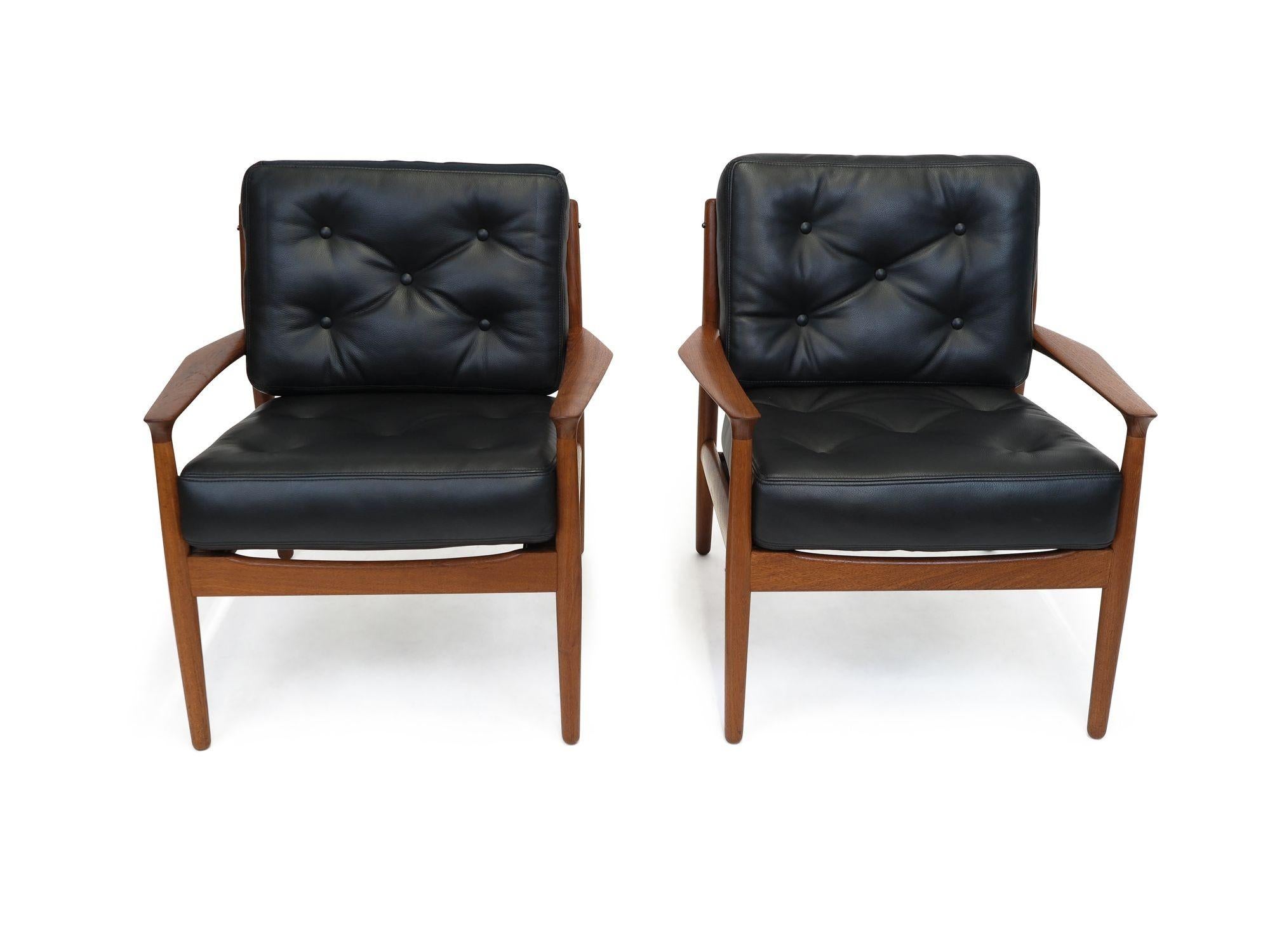 Grete Jalk Danish Teak Lounge Chairs in Black Leather 1