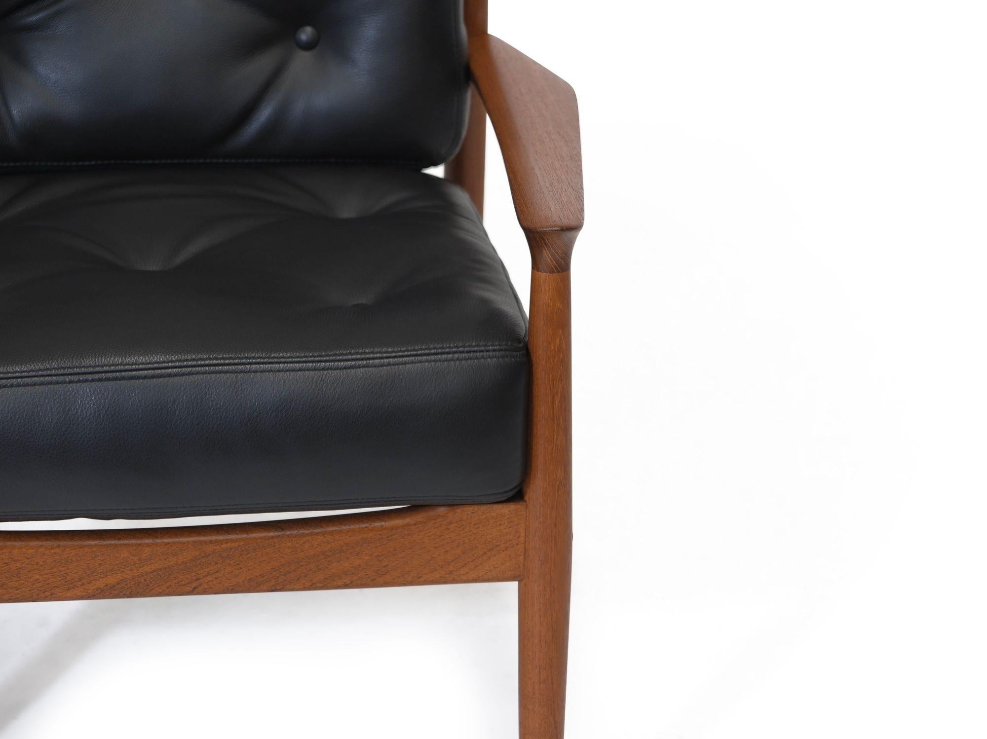 Grete Jalk Danish Teak Lounge Chairs in Black Leather 2