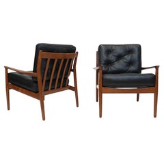 Grete Jalk Danish Teak Lounge Chairs in Black Leather