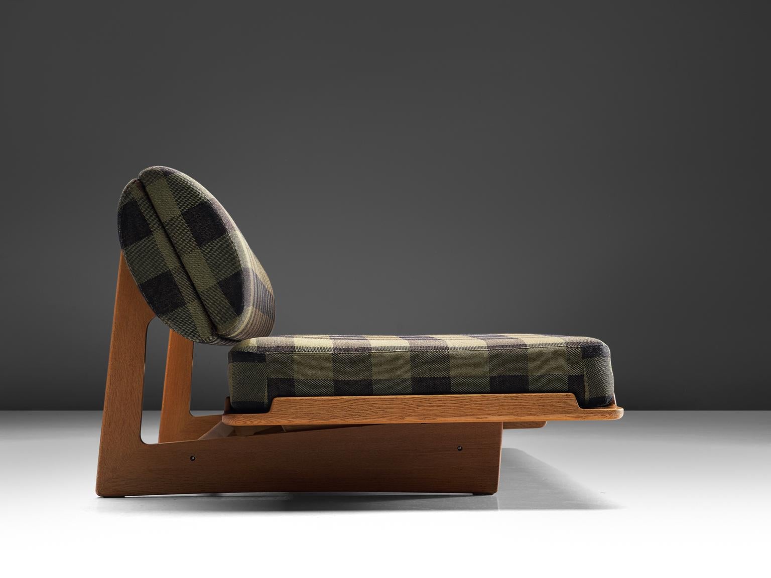 Mid-20th Century Grete Jalk Daybed in Oak and Checked Olive Green Black Fabric