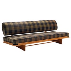 Grete Jalk Daybed in Oak and Checked Olive Green Black Fabric