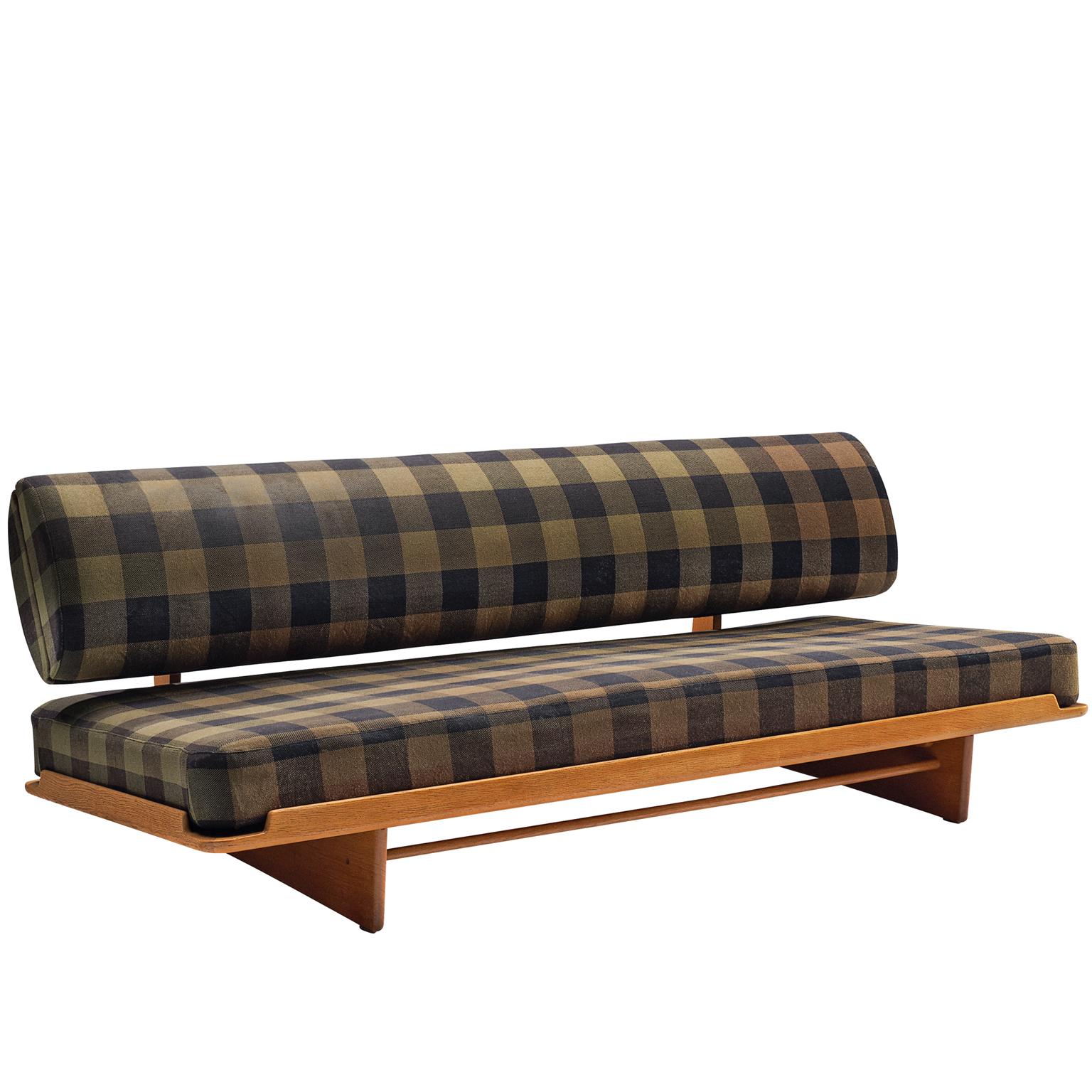 Grete Jalk Daybed in Oak and Checked Olive Green Black Fabric