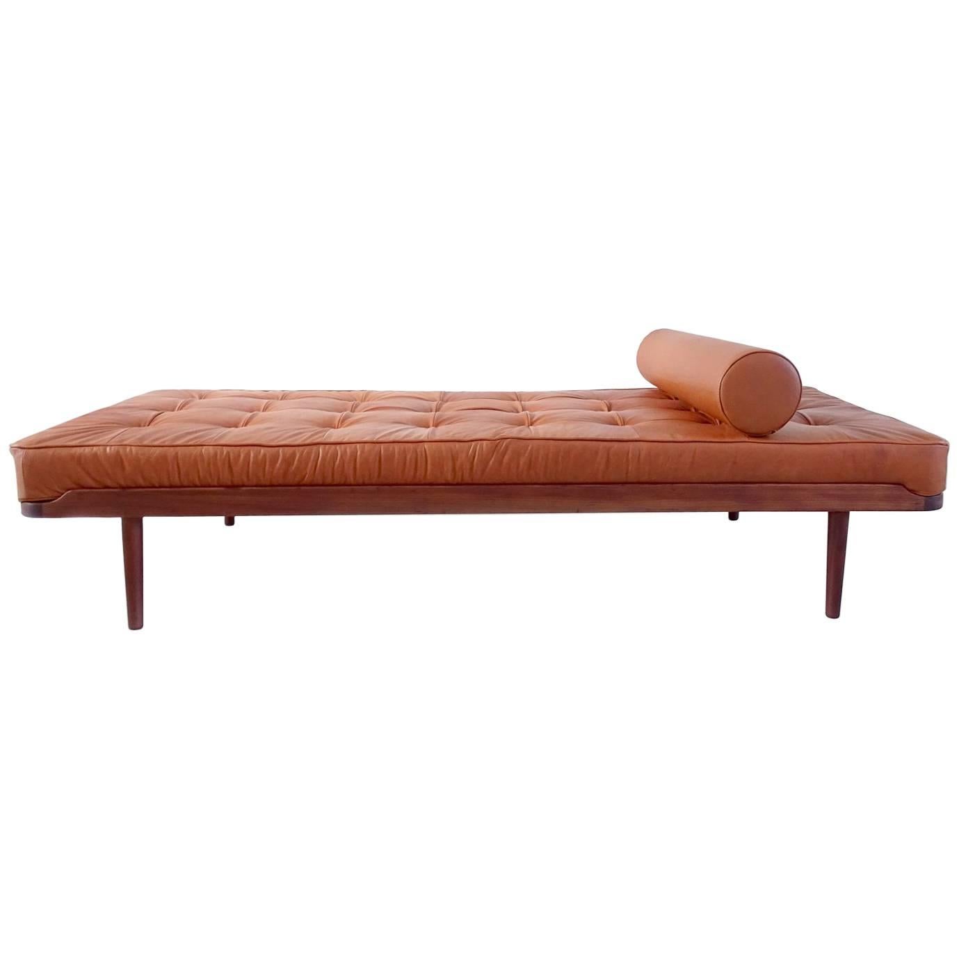 Grete Jalk Daybed in Teak and Cognac Leather for P. Jeppesen, Denmark, 1960 For Sale