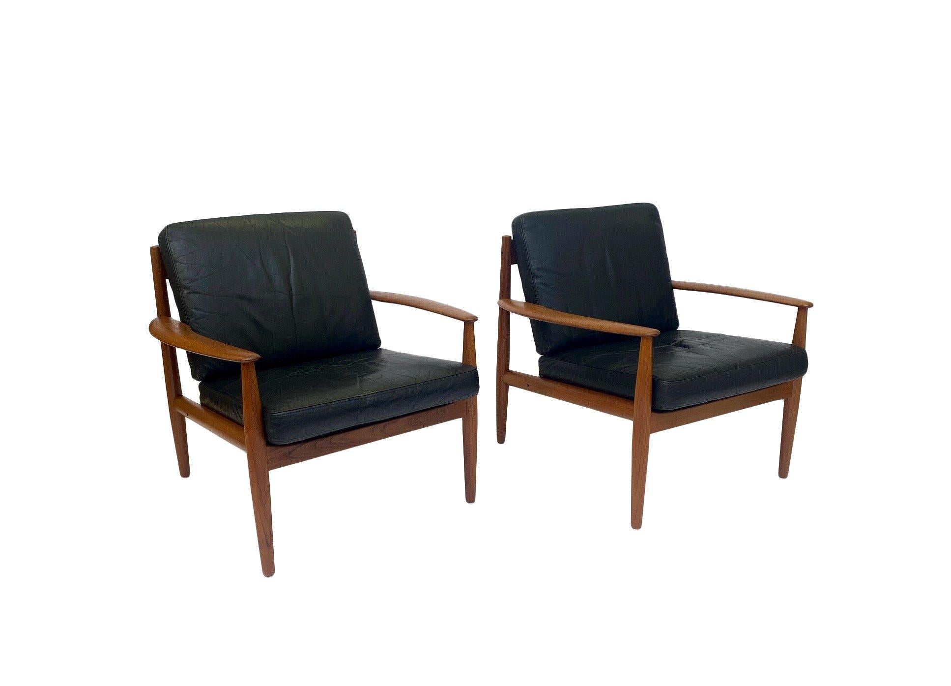 Danish Grete Jalk For France & Søn Teak And Black Leather Lounge Armchair Mid Century 