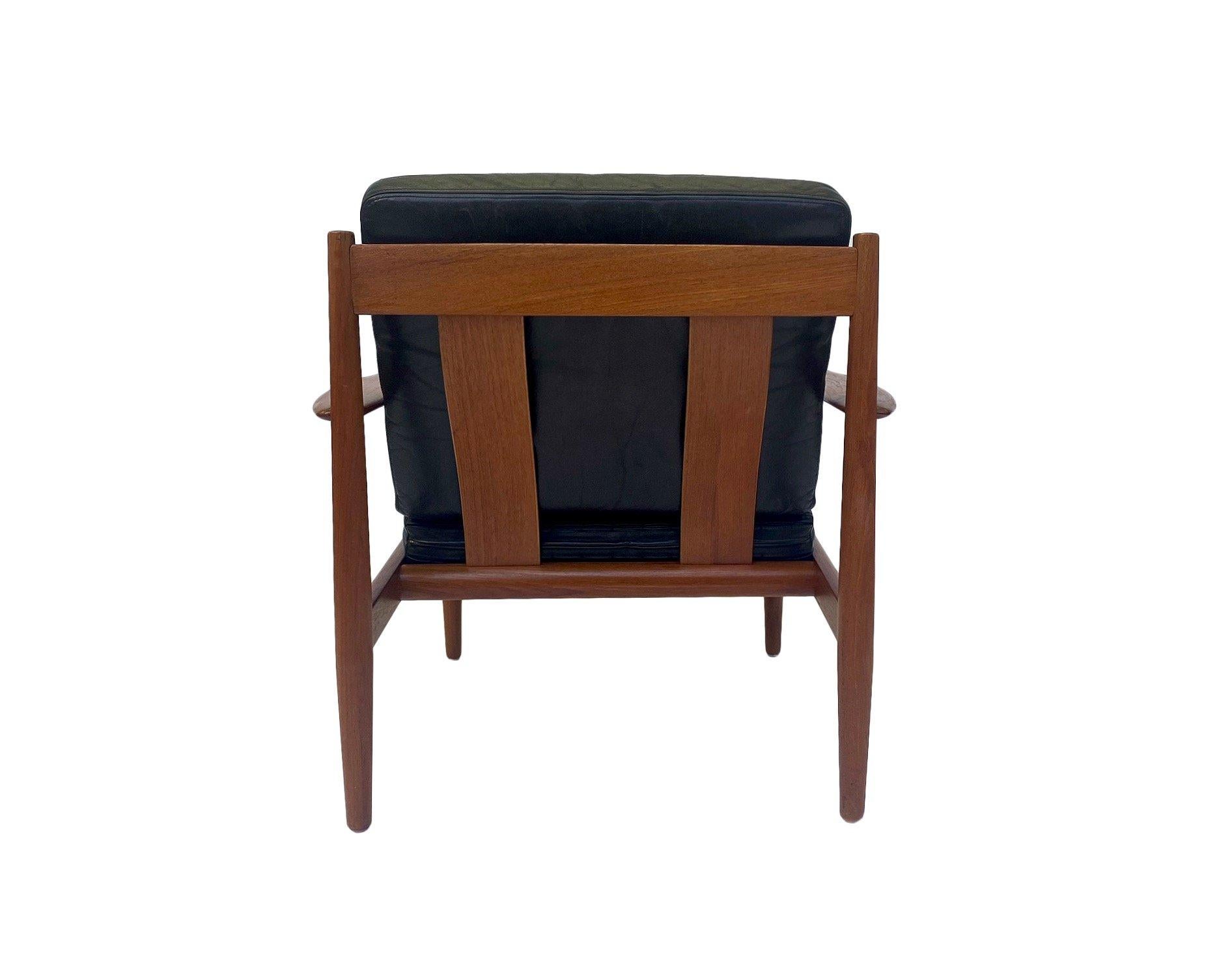 Grete Jalk For France & Søn Teak And Black Leather Lounge Armchair Mid Century  1