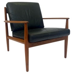 Grete Jalk For France & Søn Teak And Black Leather Lounge Armchair Mid Century 