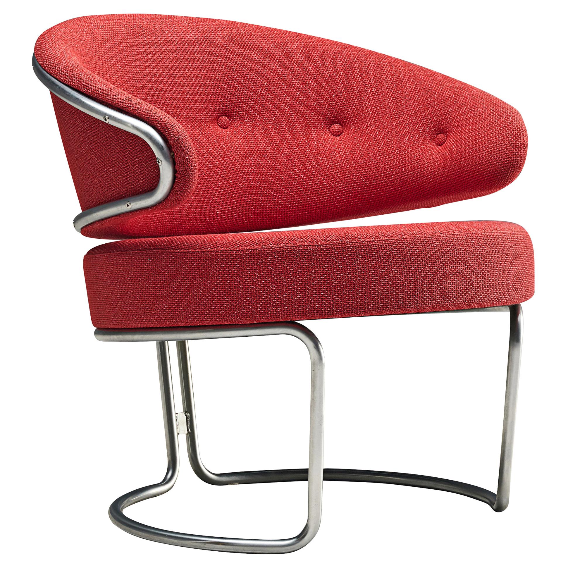 Grete Jalk for Fritz Hansen Easy Chair in Tubular Steel and Red Upholstery 