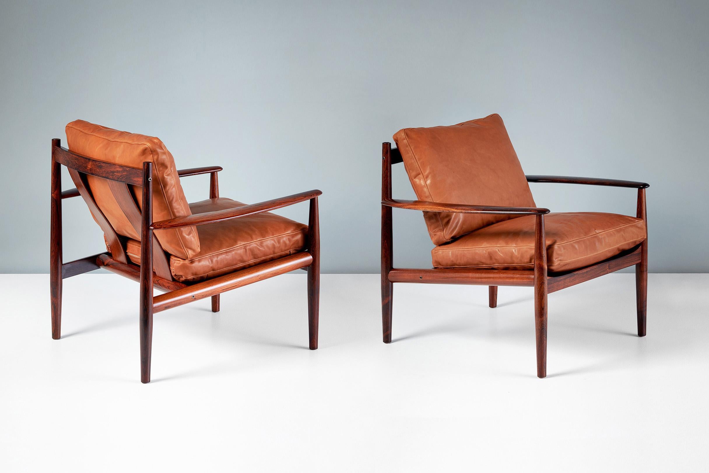 Grete Jalk - Pair of Model 128 Lounge Chairs, c1963

A pair of exquisite rosewood lounge chairs produced by France & Son, Denmark c1960s. The new feather cushions have been upholstered in premium, cognac brown aniline leather. Maker’s badge and