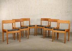 Grete Jalk Oak and Black leather Dining Chairs model P J 3-2 for P. Jeppesen