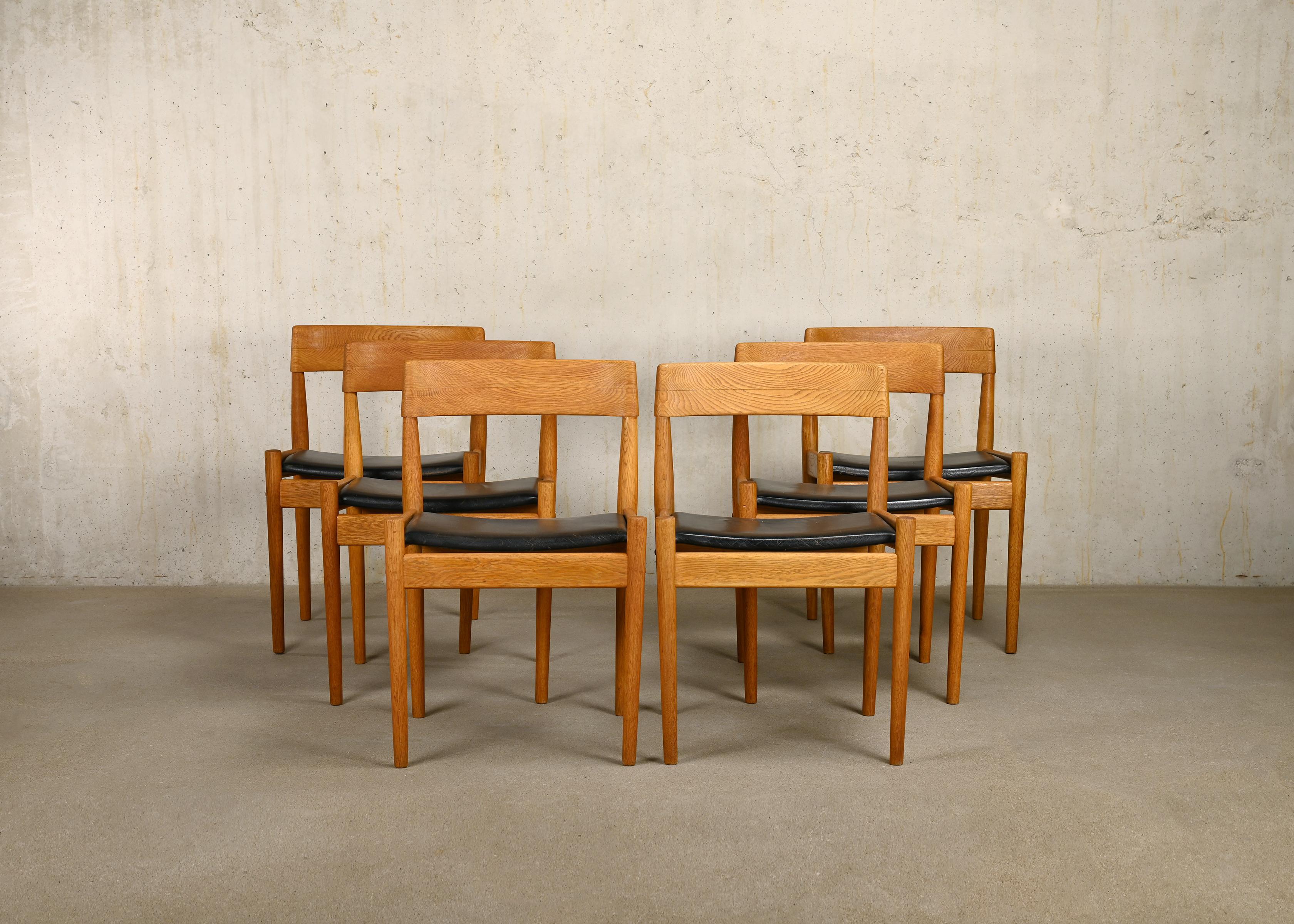 Danish Grete Jalk Oak and Black leather Dining Chairs model P J 3-2 for P. Jeppesen