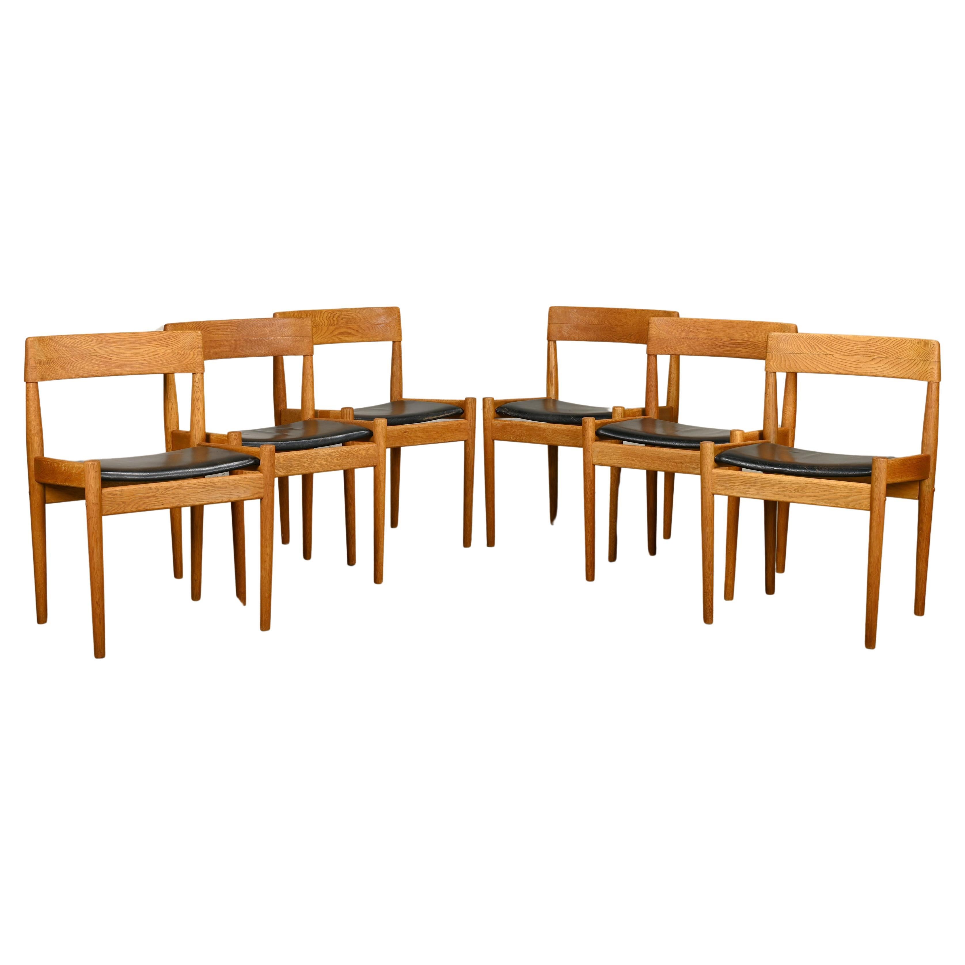 Grete Jalk Oak and Black leather Dining Chairs model P J 3-2 for P. Jeppesen