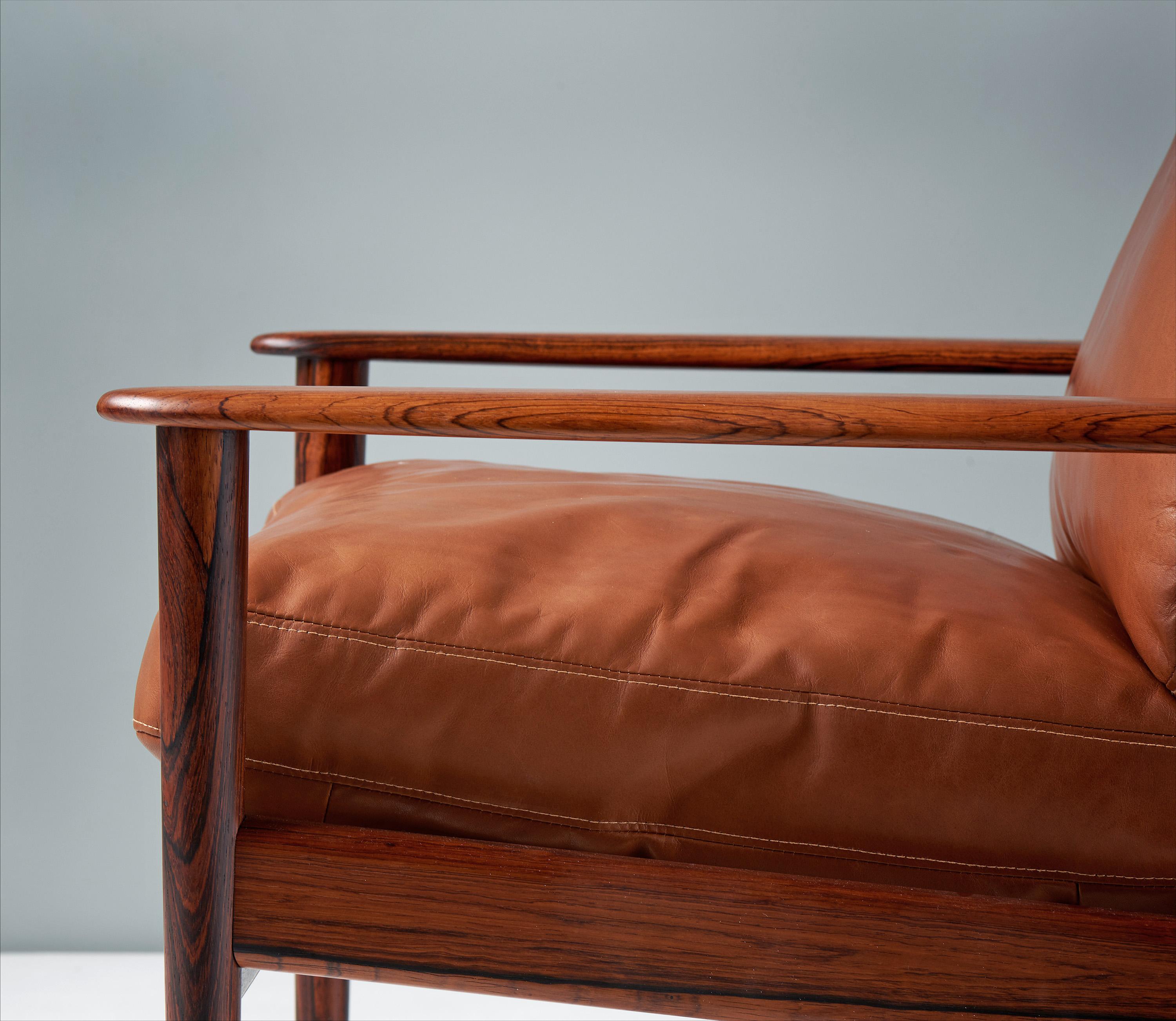 Leather Grete Jalk PJ-56 Rosewood Lounge, Chair 1950s For Sale