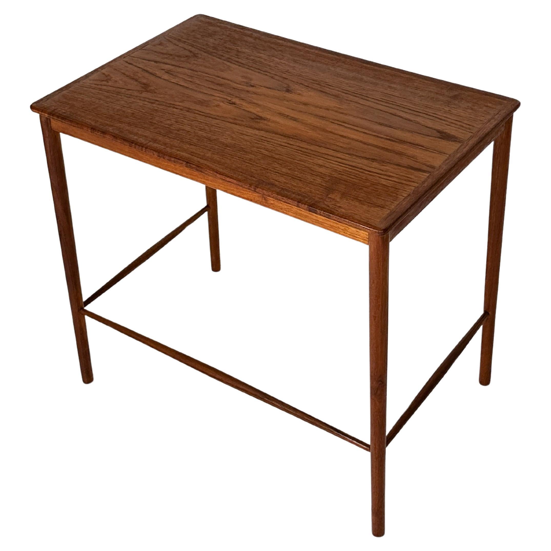 Grete Jalk side table for P. Jeppesen in teak, made in Denmark in the 1960s.

This table could be combined with other sizes from this series to create a set of nesting tables.

Side bars with an open front to store smaller nesting tables.

Very good