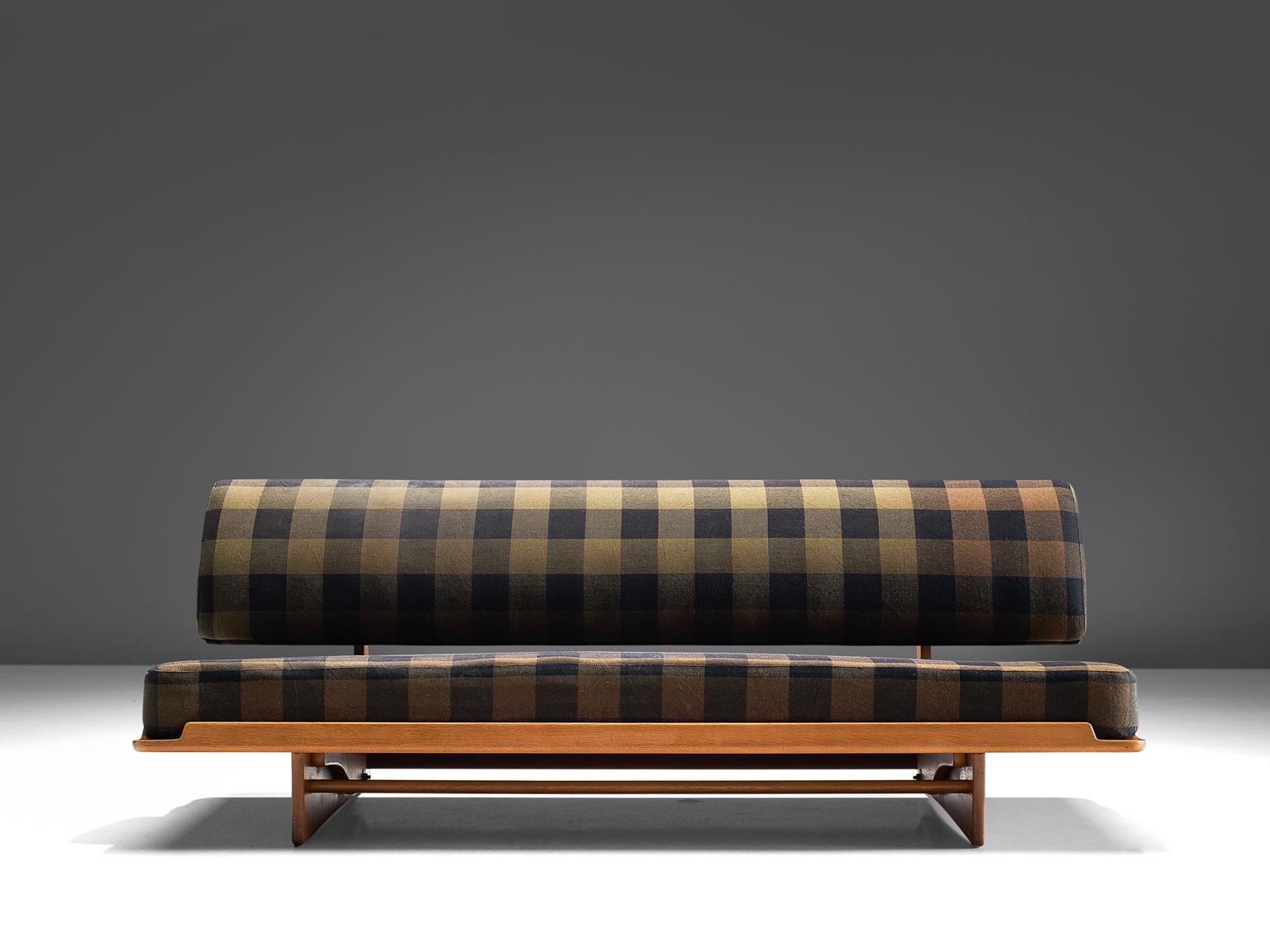 Scandinavian Modern Grete Jalk Sofa in Oak and Checked Fabric