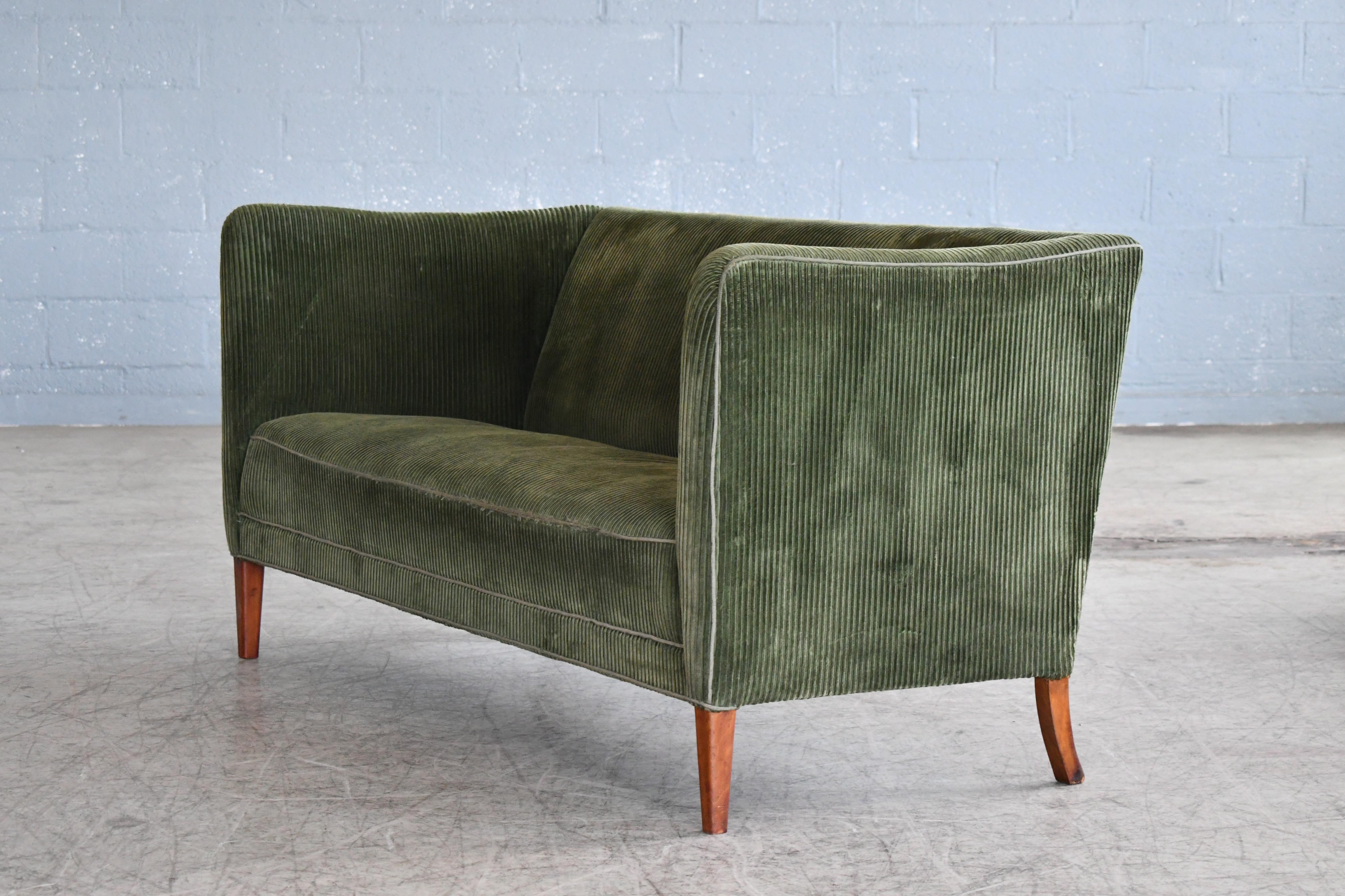 Mid-Century Modern Grete Jalk Style Danish Midcentury Two-Seat Sofa in Green Corduroy