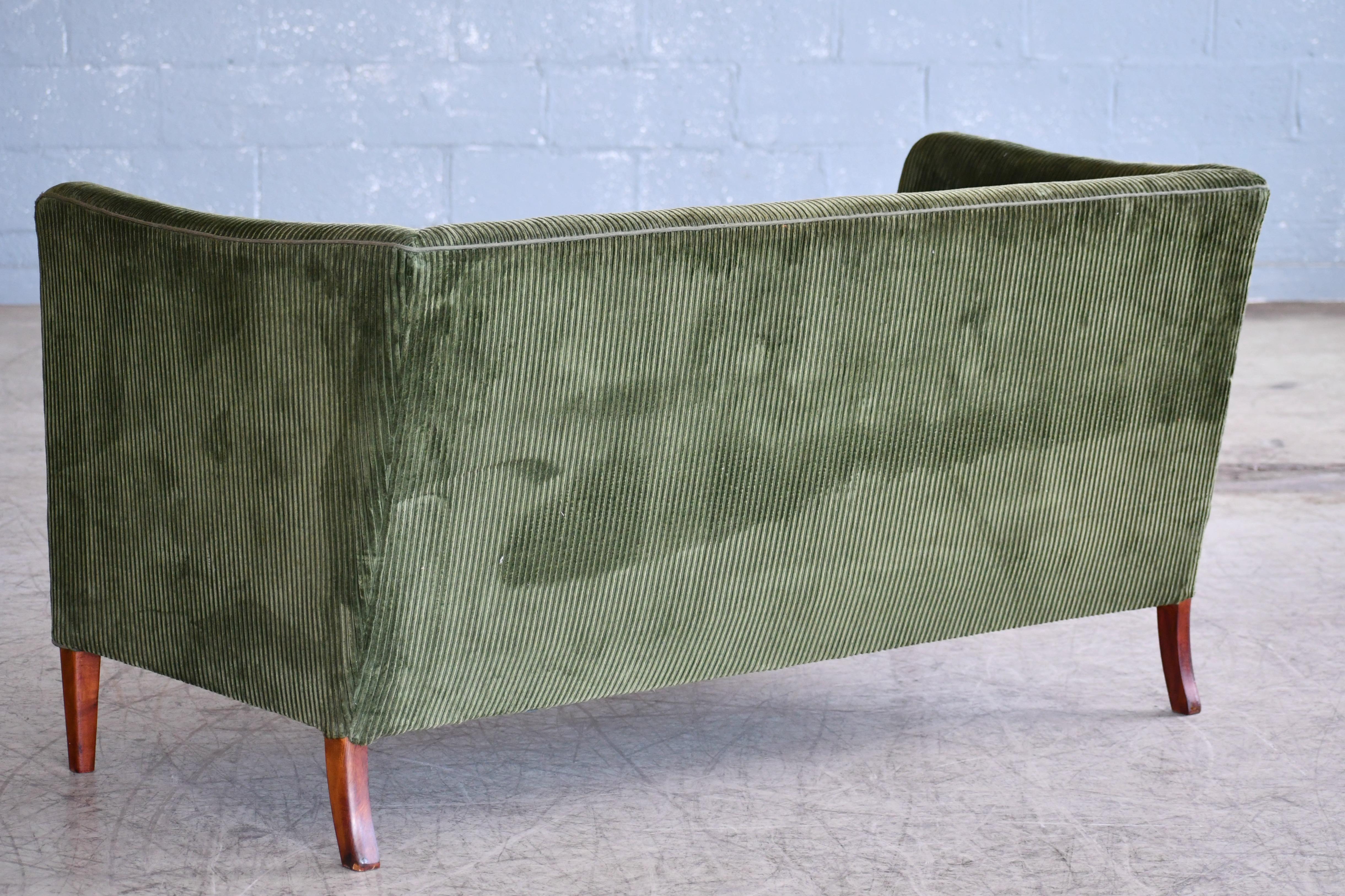 Grete Jalk Style Danish Midcentury Two-Seat Sofa in Green Corduroy In Good Condition In Bridgeport, CT