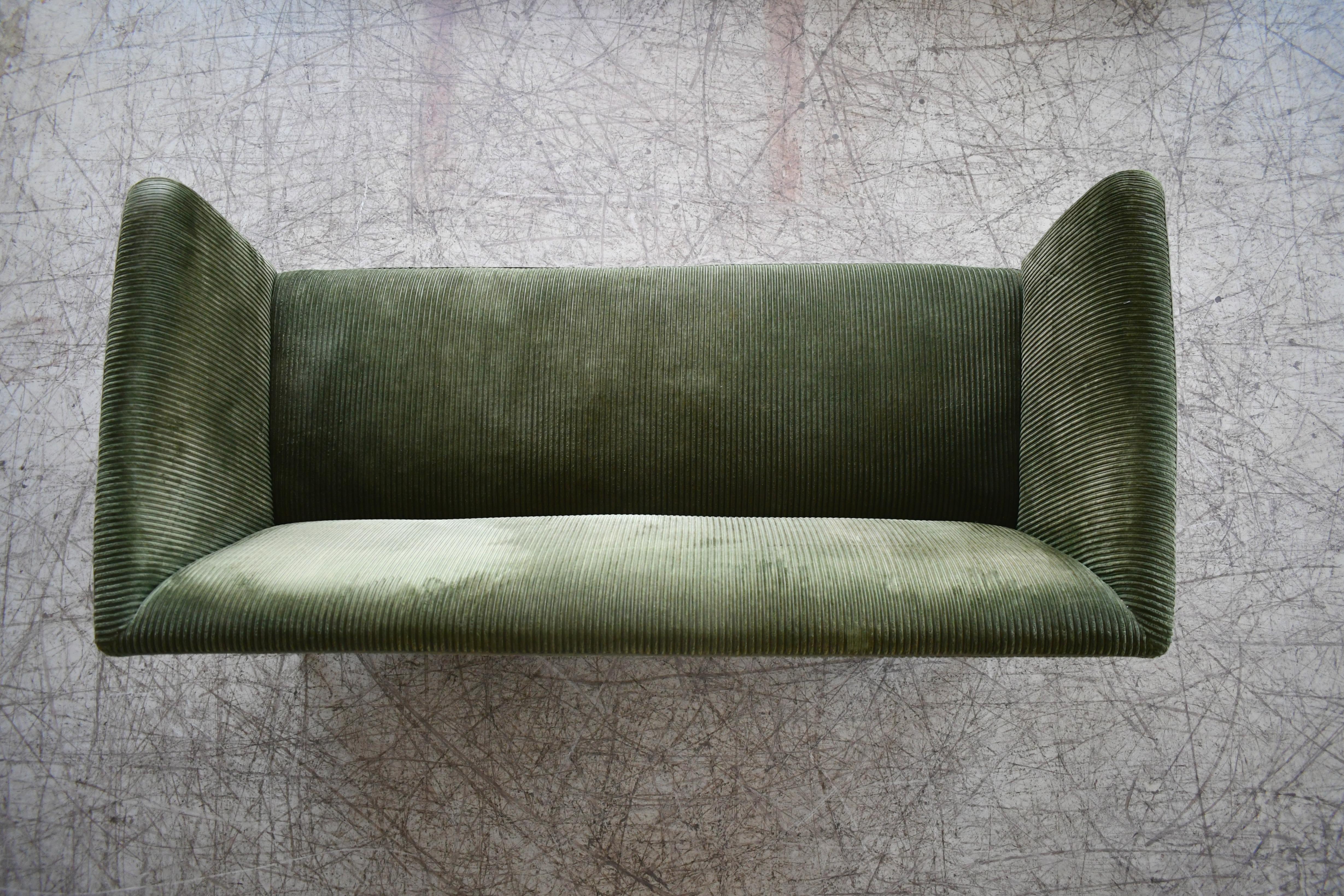 Late 20th Century Grete Jalk Style Danish Midcentury Two-Seat Sofa in Green Corduroy