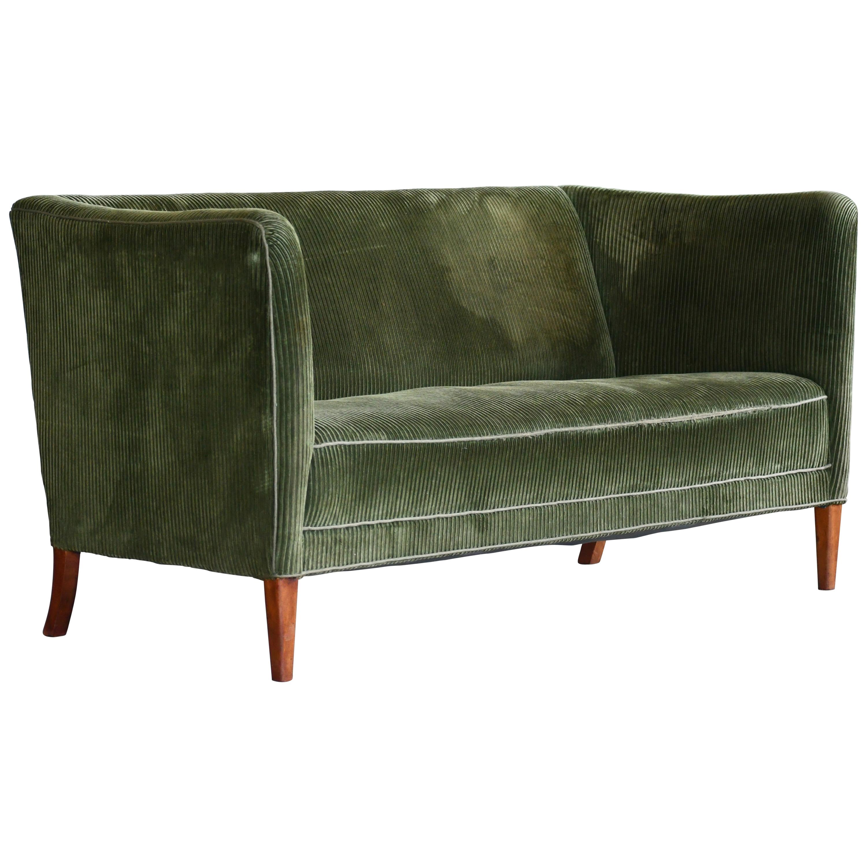 Grete Jalk Style Danish Midcentury Two-Seat Sofa in Green Corduroy