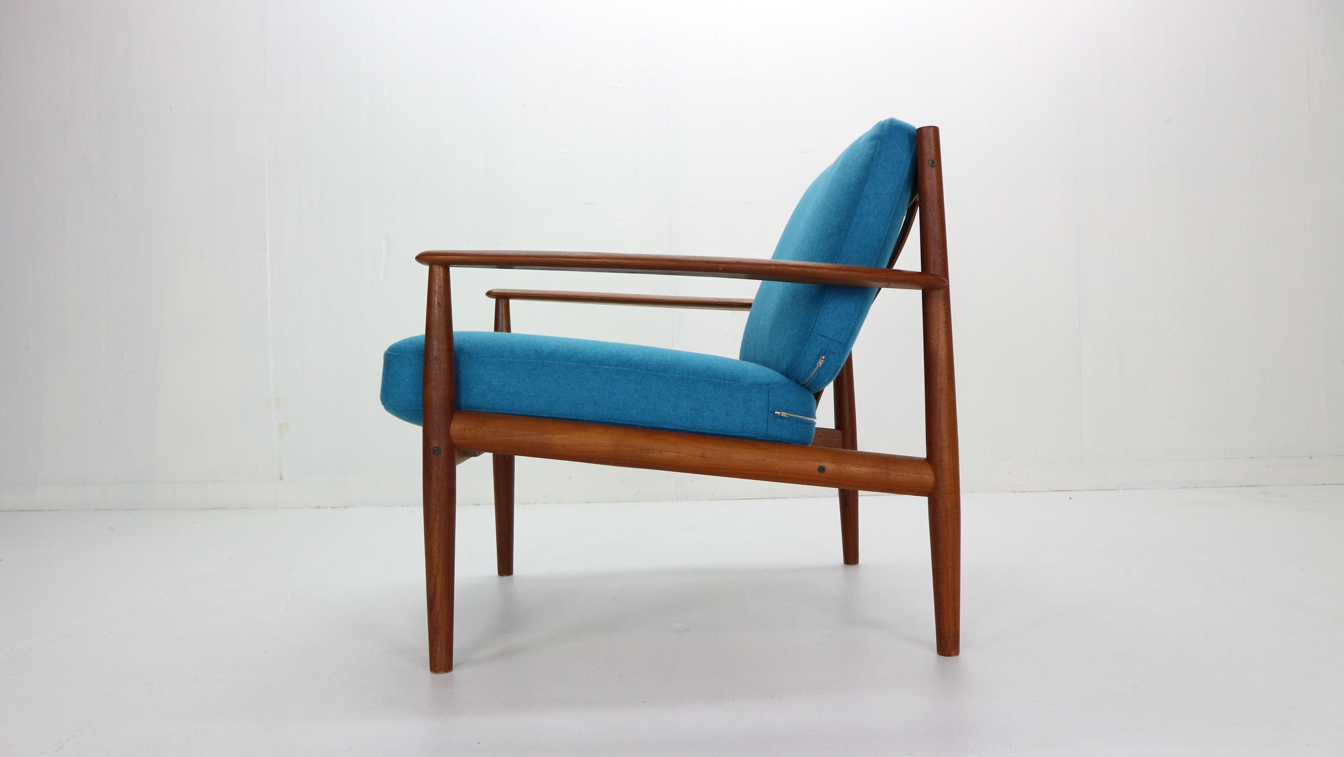 Wool  Grete Jalk Teak Lounge Armchair For France & Søn, 1960s, Denmark