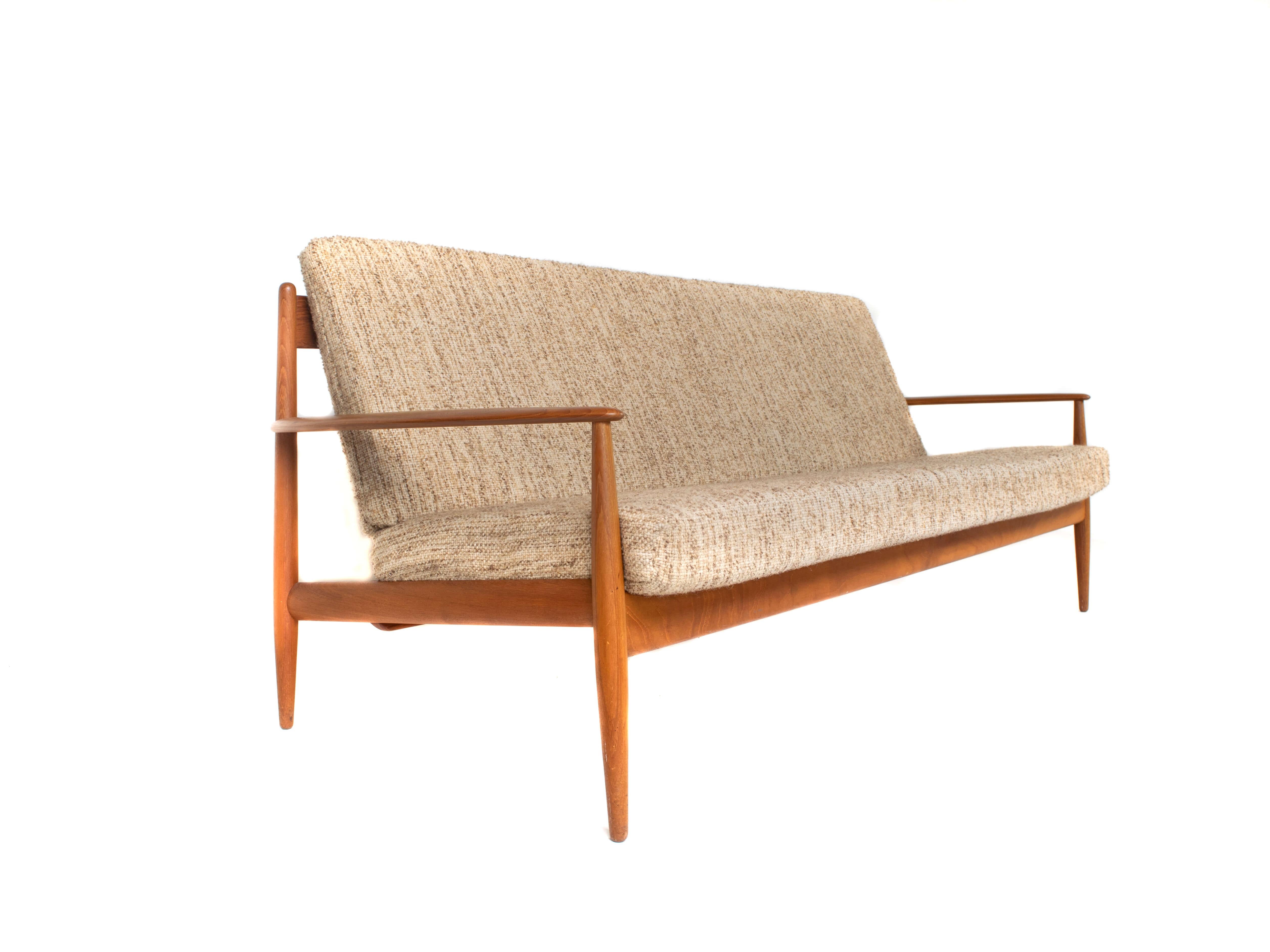 Grete Jalk three-seat sofa for France & Søn, Denmark 1960s. It is in excellent condition with no need for upholstery as the fabric is excellent. The sofa is made with an inside of springs, which can be your preference or not. The sofa has an