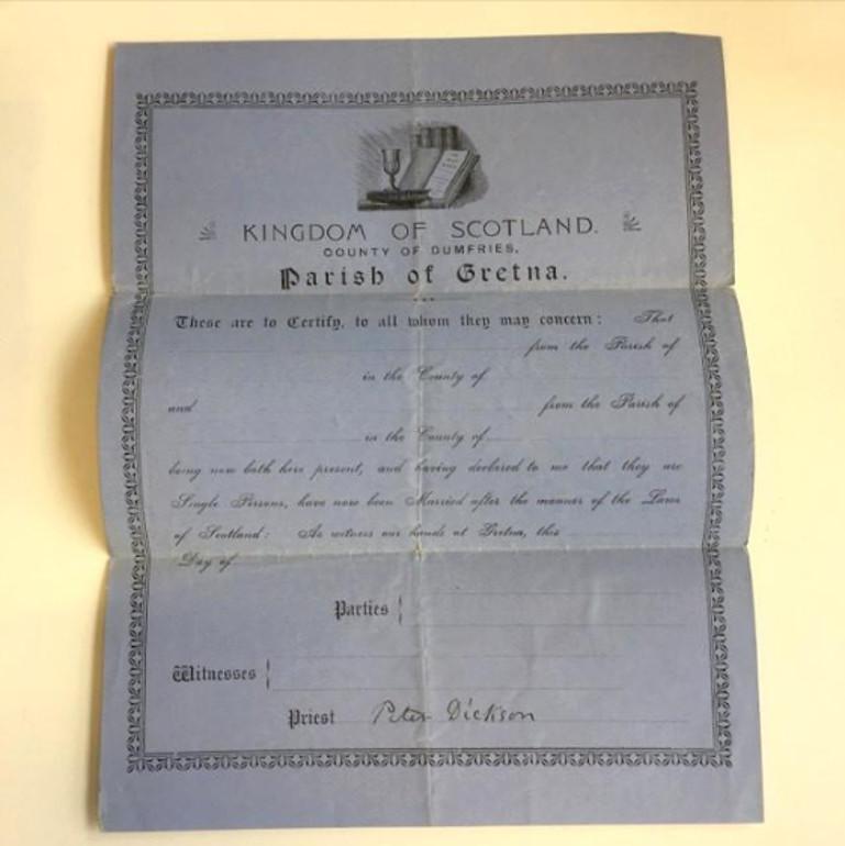 Two items connected with Gretna Green, a popular site for runaway couples.

A postcard signed by anvil priest Richard Rennison.

An original blank marriage certificate signed by anvil priest Peter Dickson.

In 1753, the English government