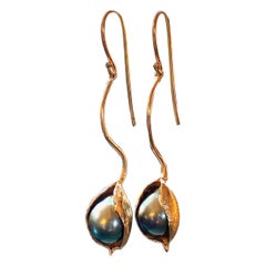 "Grevillea" Drop Wire Earrings with Tahitian Black Pearls in Yellow Gold