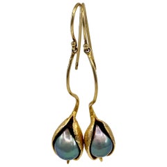 "Grevillea" Drop Wire Earrings with Tahitian Black Pearls in Yellow Gold
