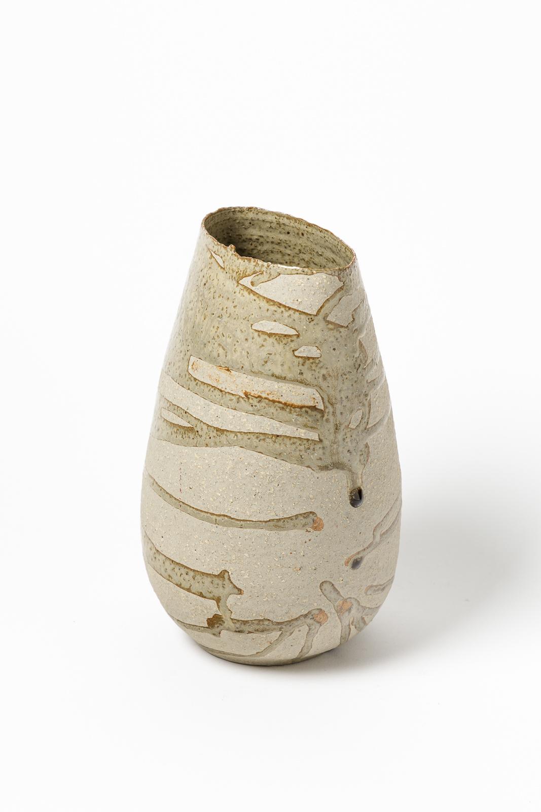 Mid-Century Modern Grey Abstract Stoneware Ceramic Vase circa 1970 by Jacques Lacheny 20th Century
