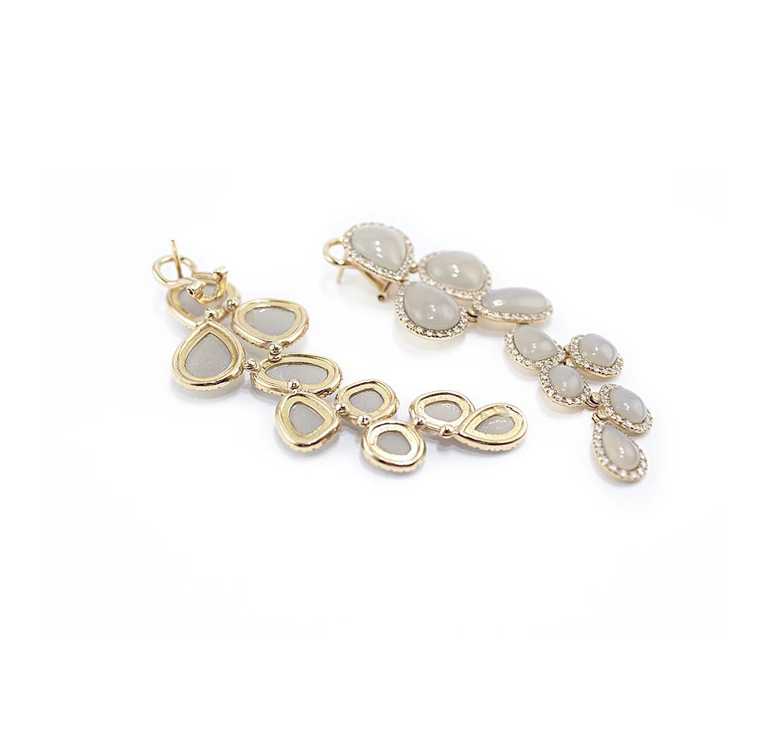 Cabochon Grey Agate 18 Karat Gold Diamond Dangle Drop Earrings For Sale