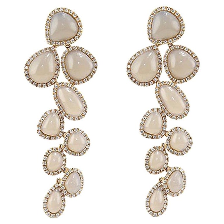 Grey Agate 18 Karat Gold Diamond Dangle Drop Earrings For Sale at 1stDibs