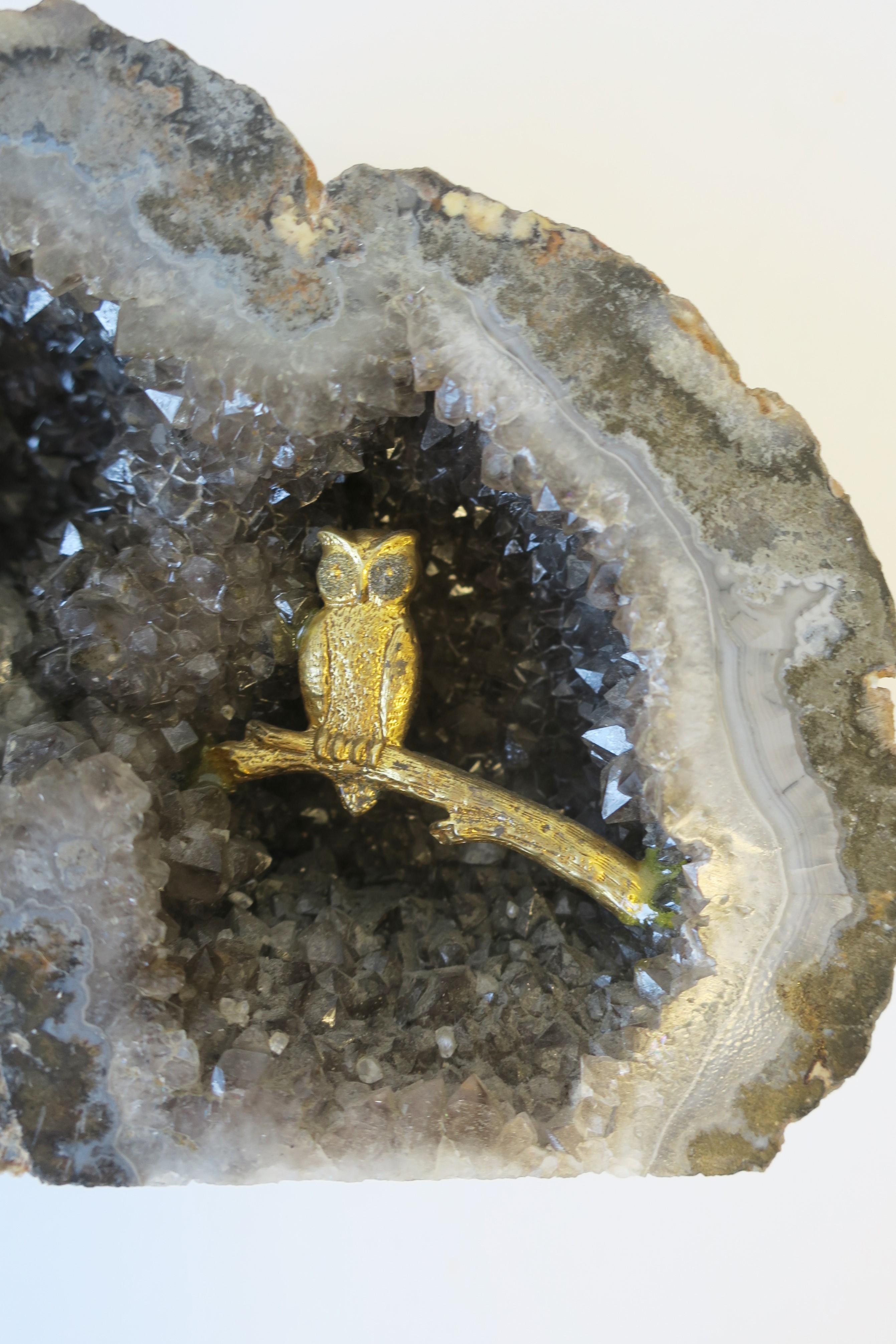 20th Century Grey Agate Geode Crystal with Perched Brass Owl Bird