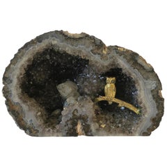Grey Agate Crystal Geode with Perched Brass Owl Bird