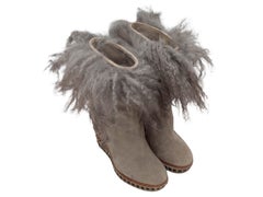 Grey Alberta Ferretti Suede & Lamb Fur Wedge Ankle Boots Size 38