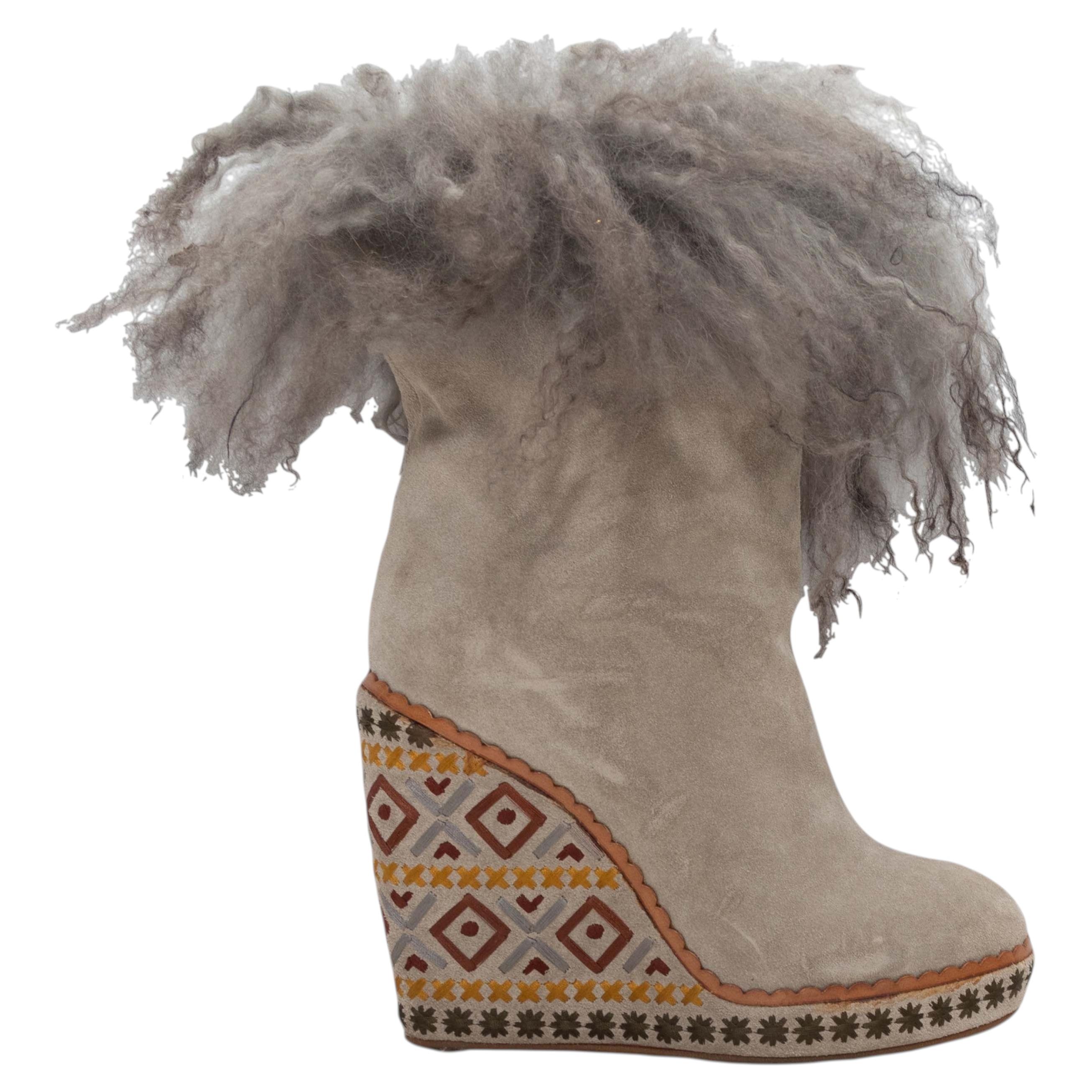 Pre-owned Alberta Ferretti Grey  Suede & Lamb Fur Wedge Ankle Boots Size 38 In Gray