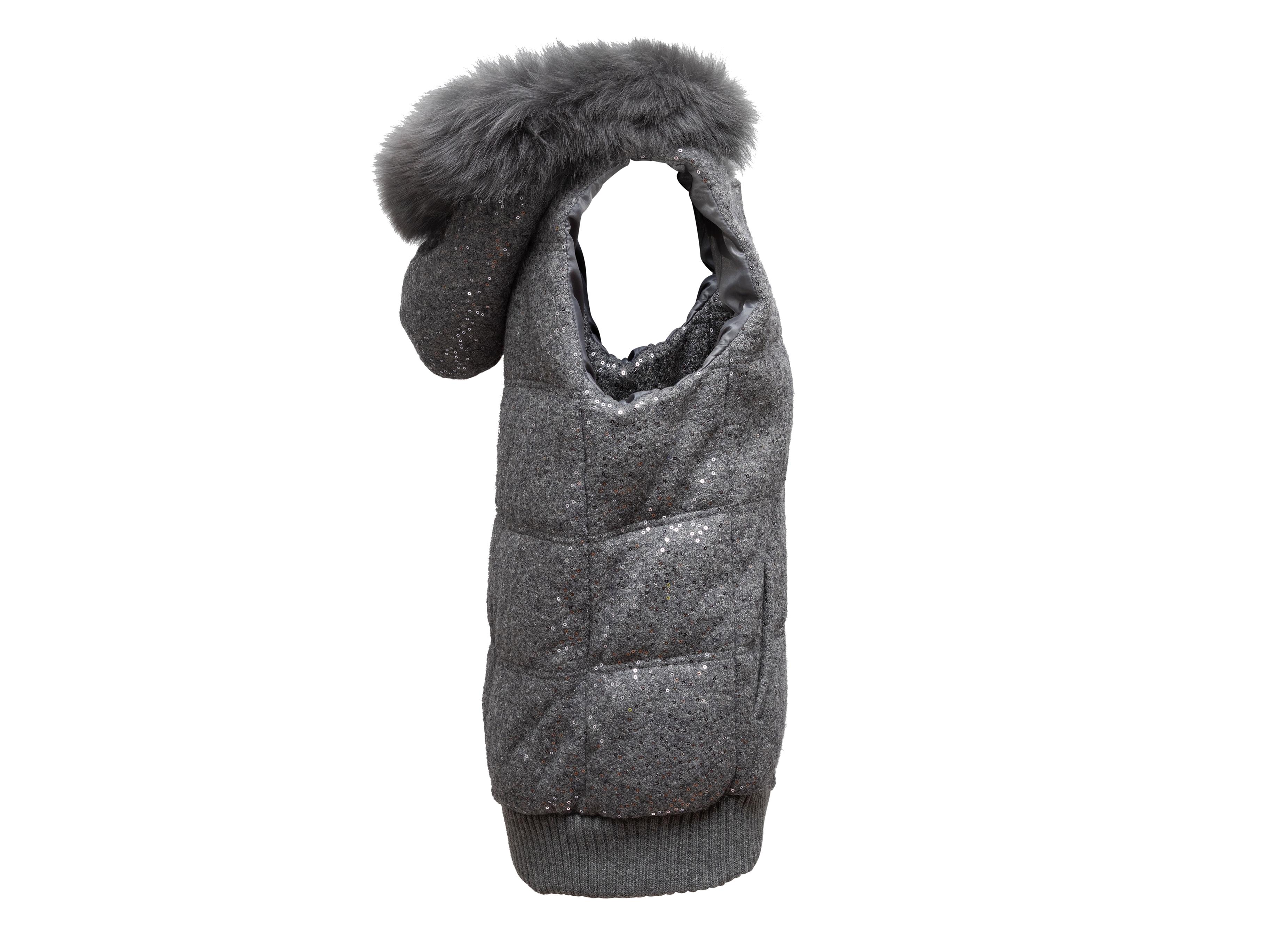Grey Alice + Olivia Sequined Fox Fur-Trimmed Puffer Vest In Excellent Condition In New York, NY
