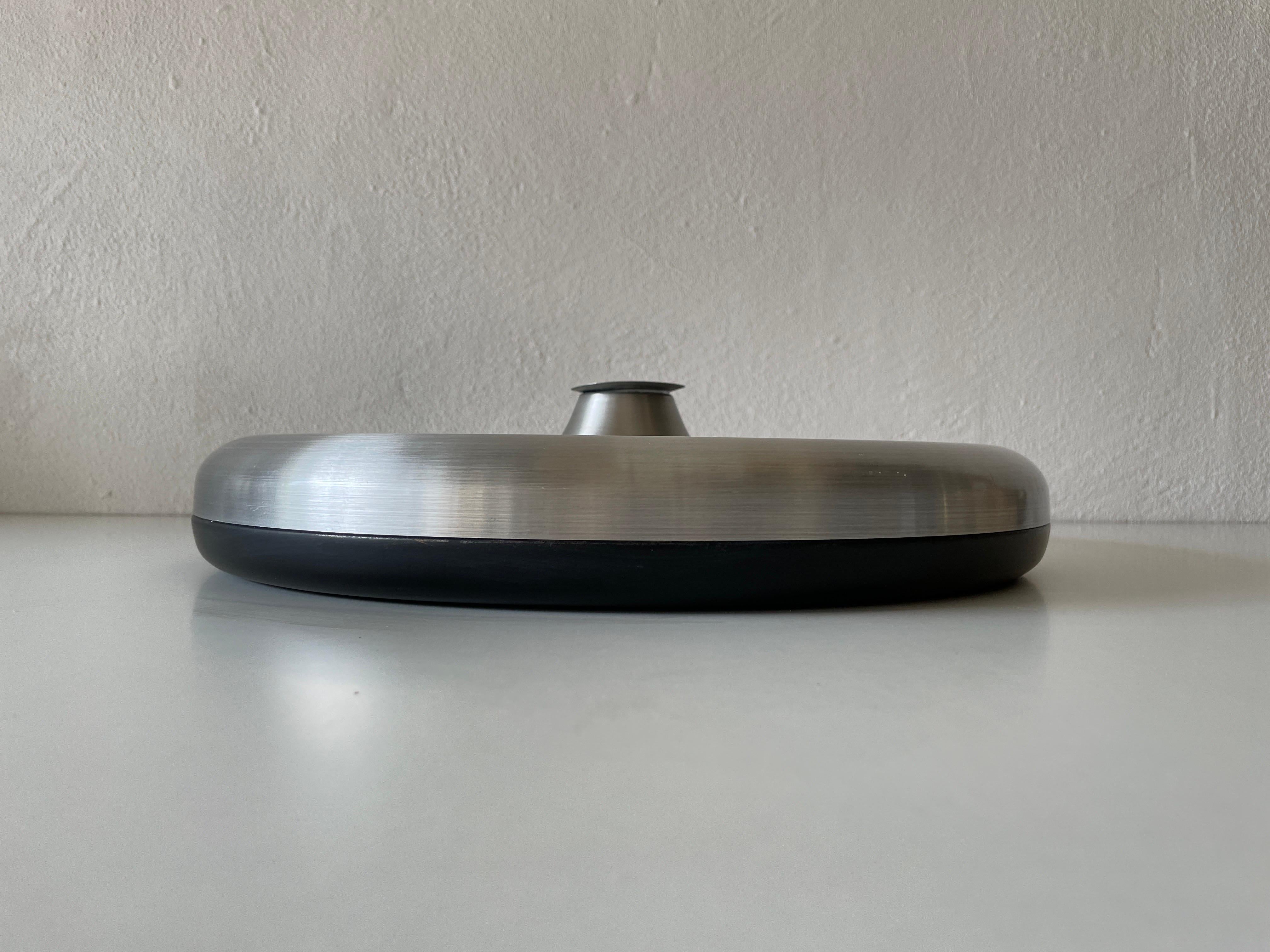 Mid-Century Modern Grey Aluminum and Black Metal Space Age Disc Design Flush Mount, 1970s, Germany For Sale