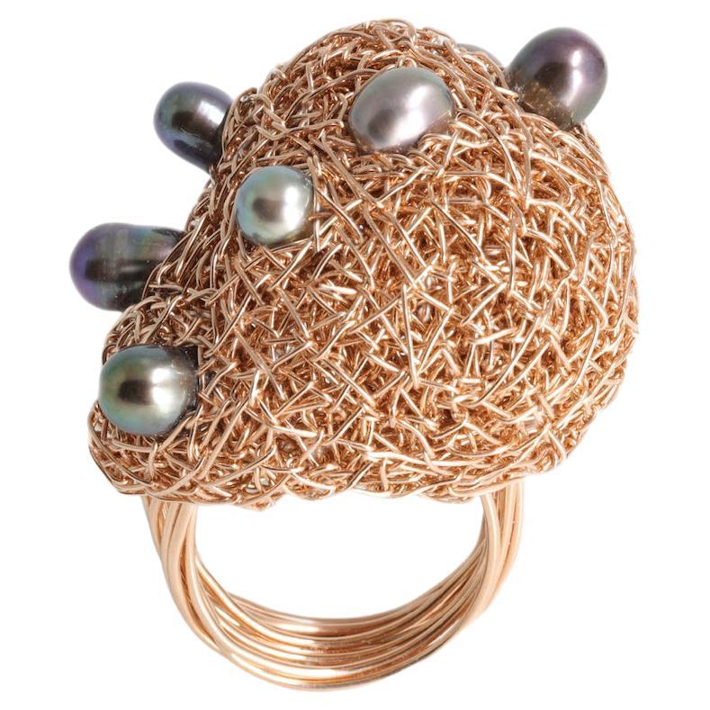 Grey and black Pearls in 14 Karat Rose Gold F Woven Statement Cocktail Ring 4