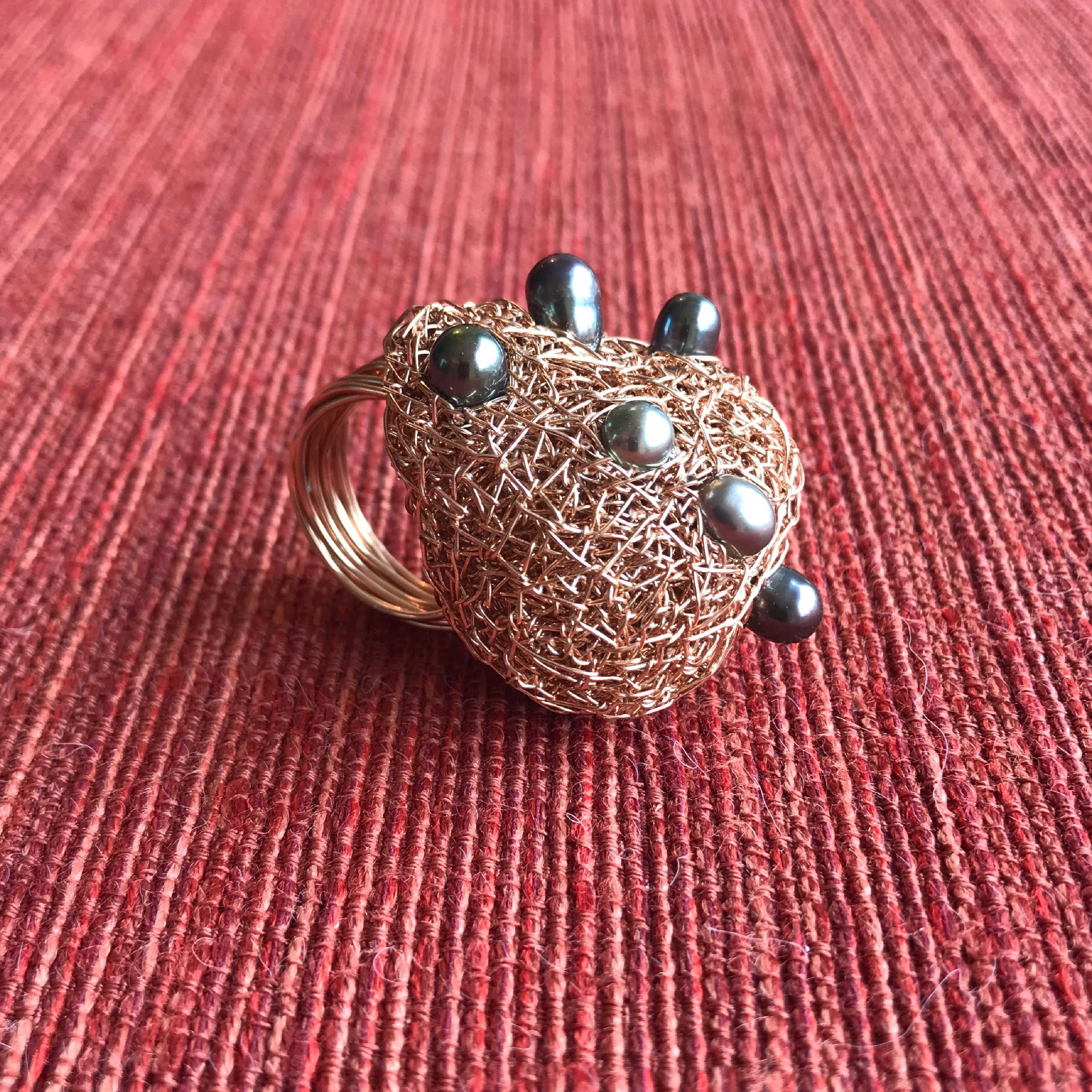 Grey and black Pearls in 14 Karat Rose Gold F Woven Statement Cocktail Ring 7