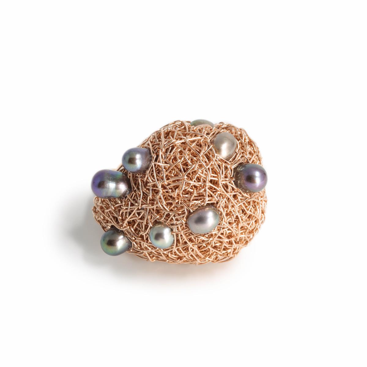 Women's or Men's Grey and black Pearls in 14 Karat Rose Gold F Woven Statement Cocktail Ring