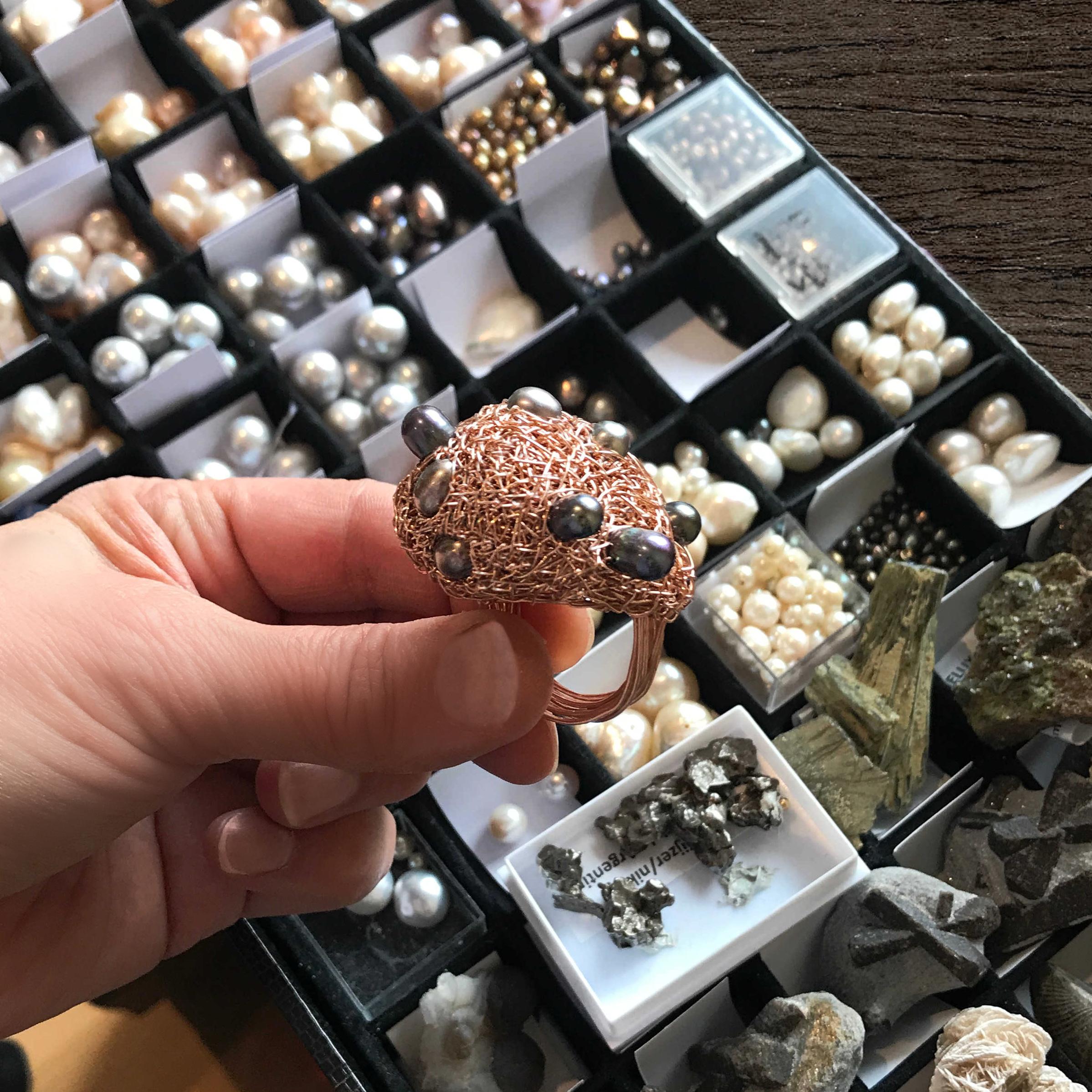 Grey and black Pearls in 14 Karat Rose Gold F Woven Statement Cocktail Ring 1