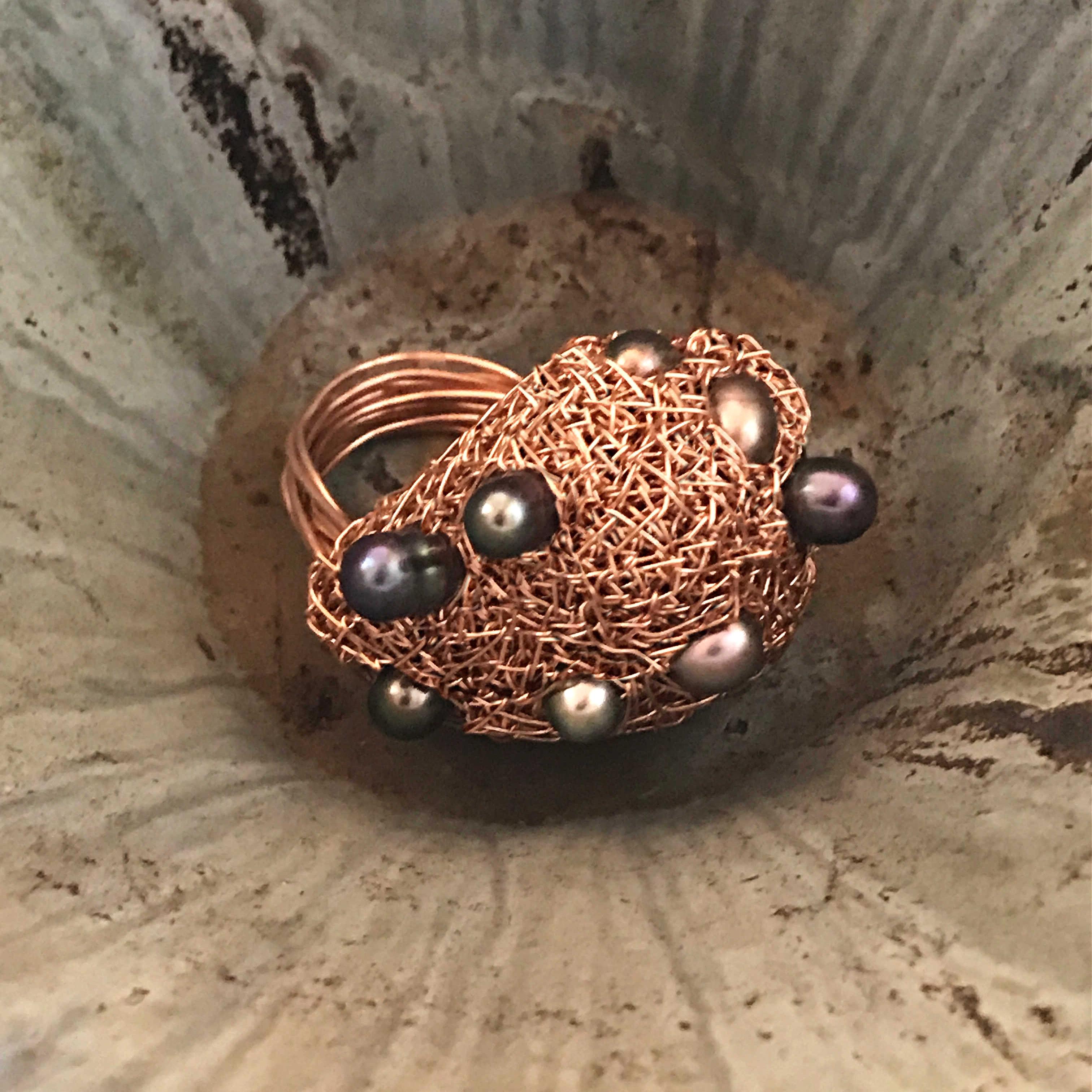 Grey and black Pearls in 14 Karat Rose Gold F Woven Statement Cocktail Ring 2