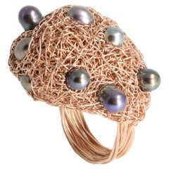 Grey and black Pearls in 14 Karat Rose Gold F Woven Statement Cocktail Ring