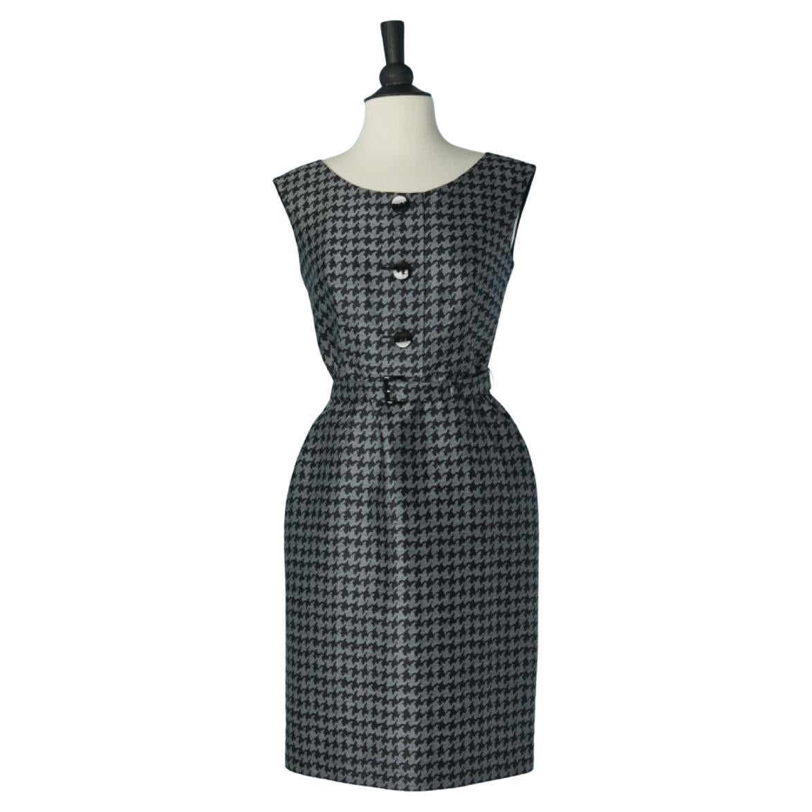 Grey and black Pied de coq pattern sleeveless cocktail dress with belt PRADA For Sale