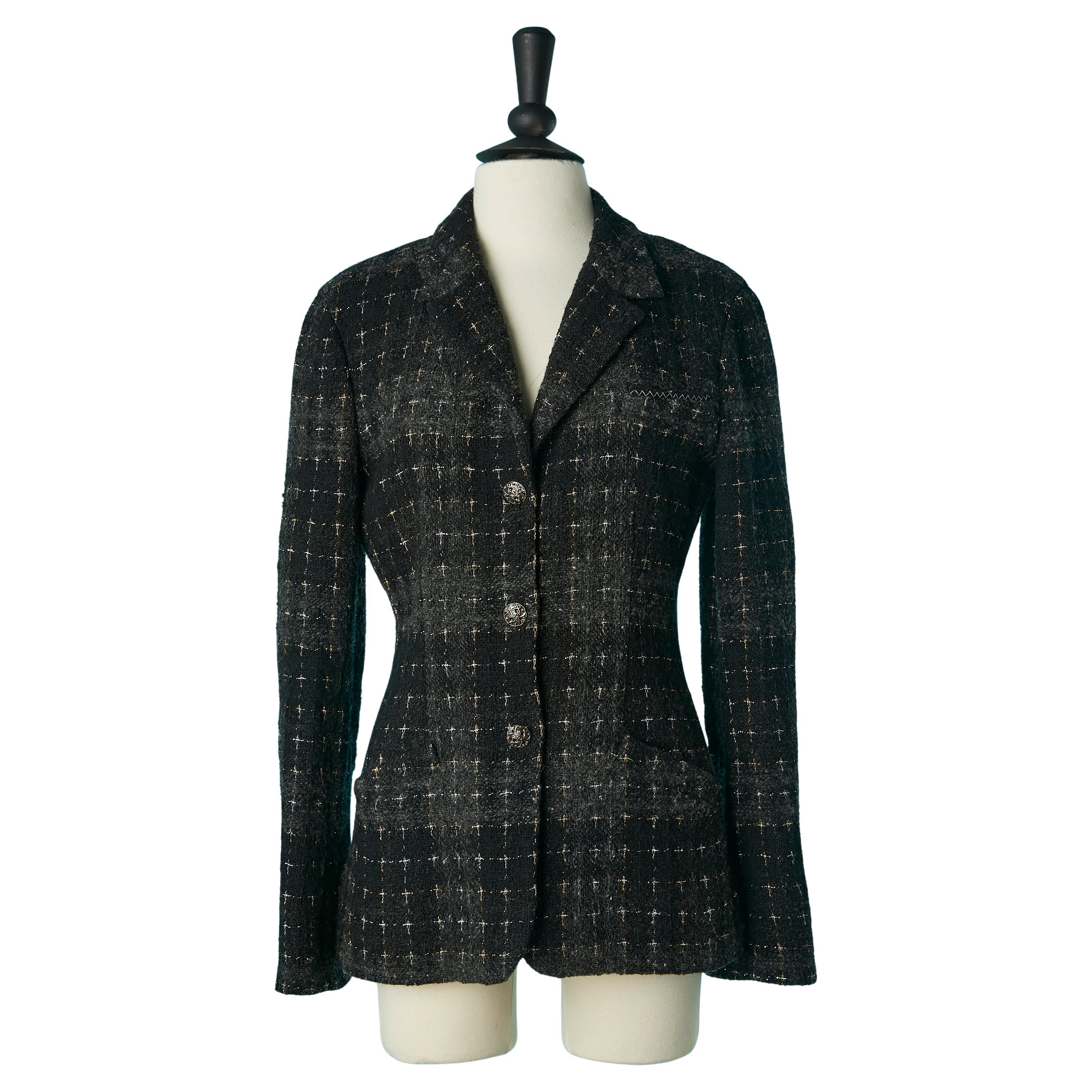 Giacca monopetto grigia e nera in tweed con bottone logato Chanel