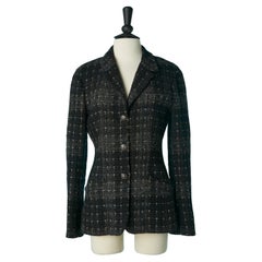 Giacca monopetto grigia e nera in tweed con bottone logato Chanel