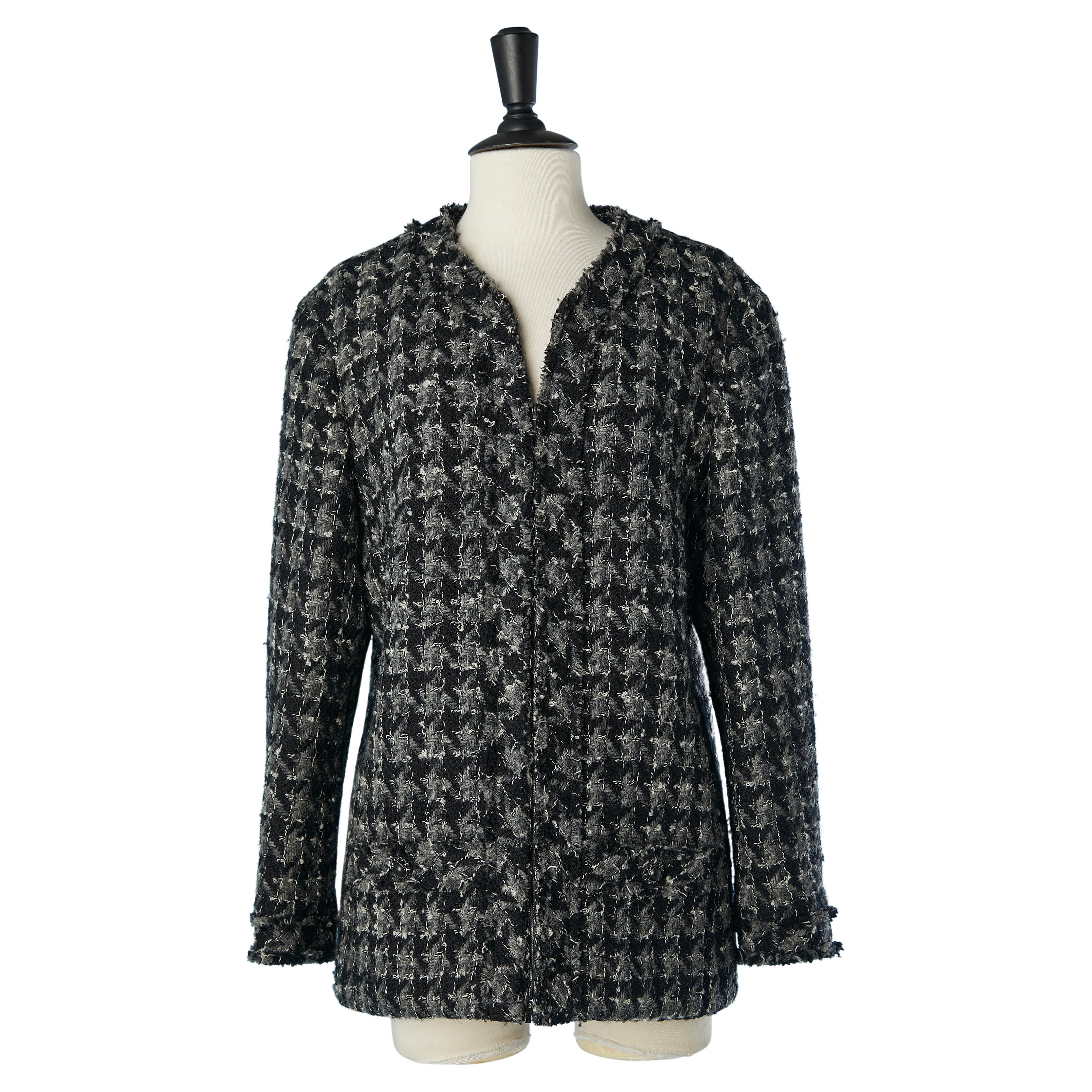 Grey and black tweed edge to edge jacket with houndstooth pattern Chanel  For Sale