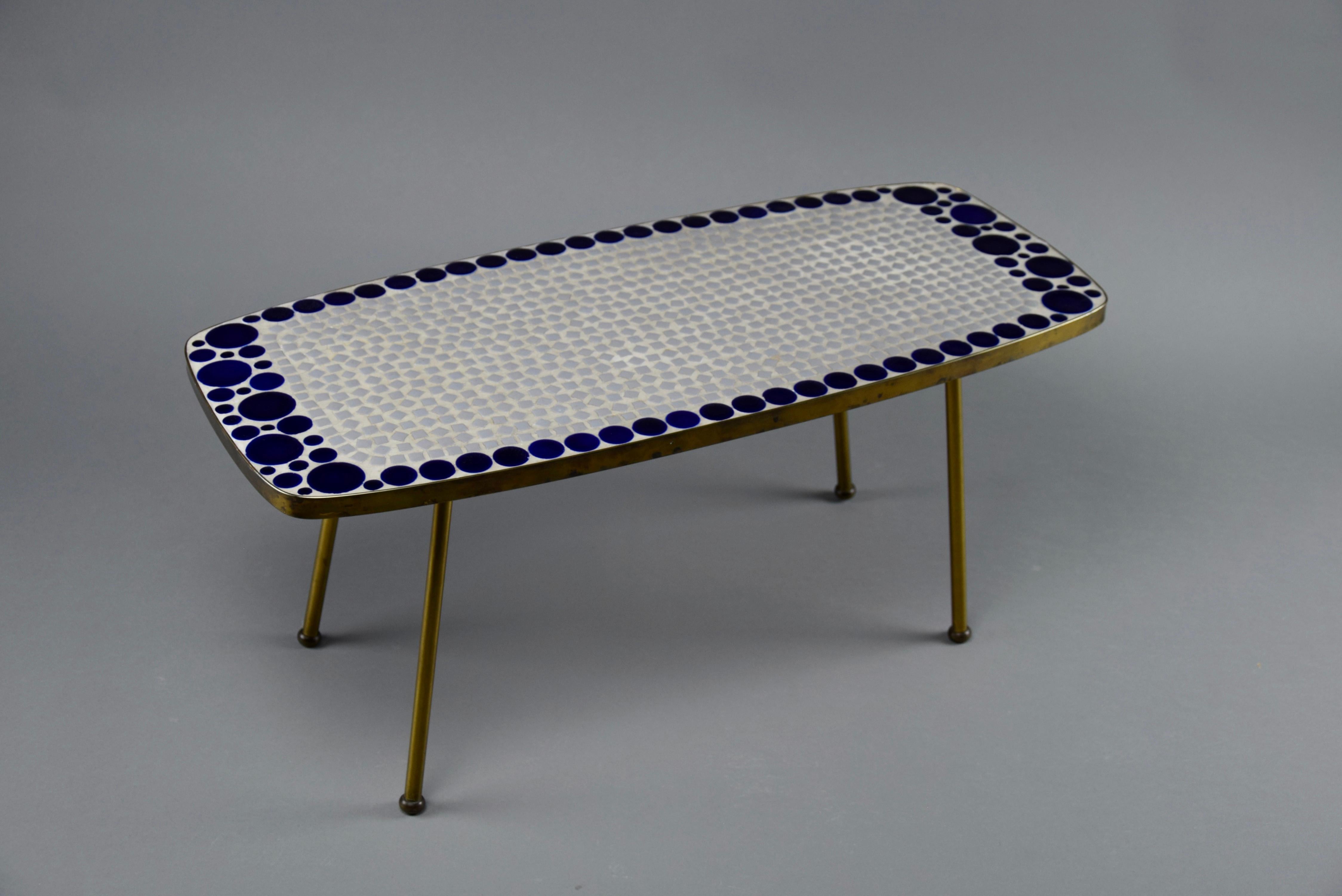 Grey and Blue Glass Mosaic Brass Mid-Century Modern Side Table For Sale 11