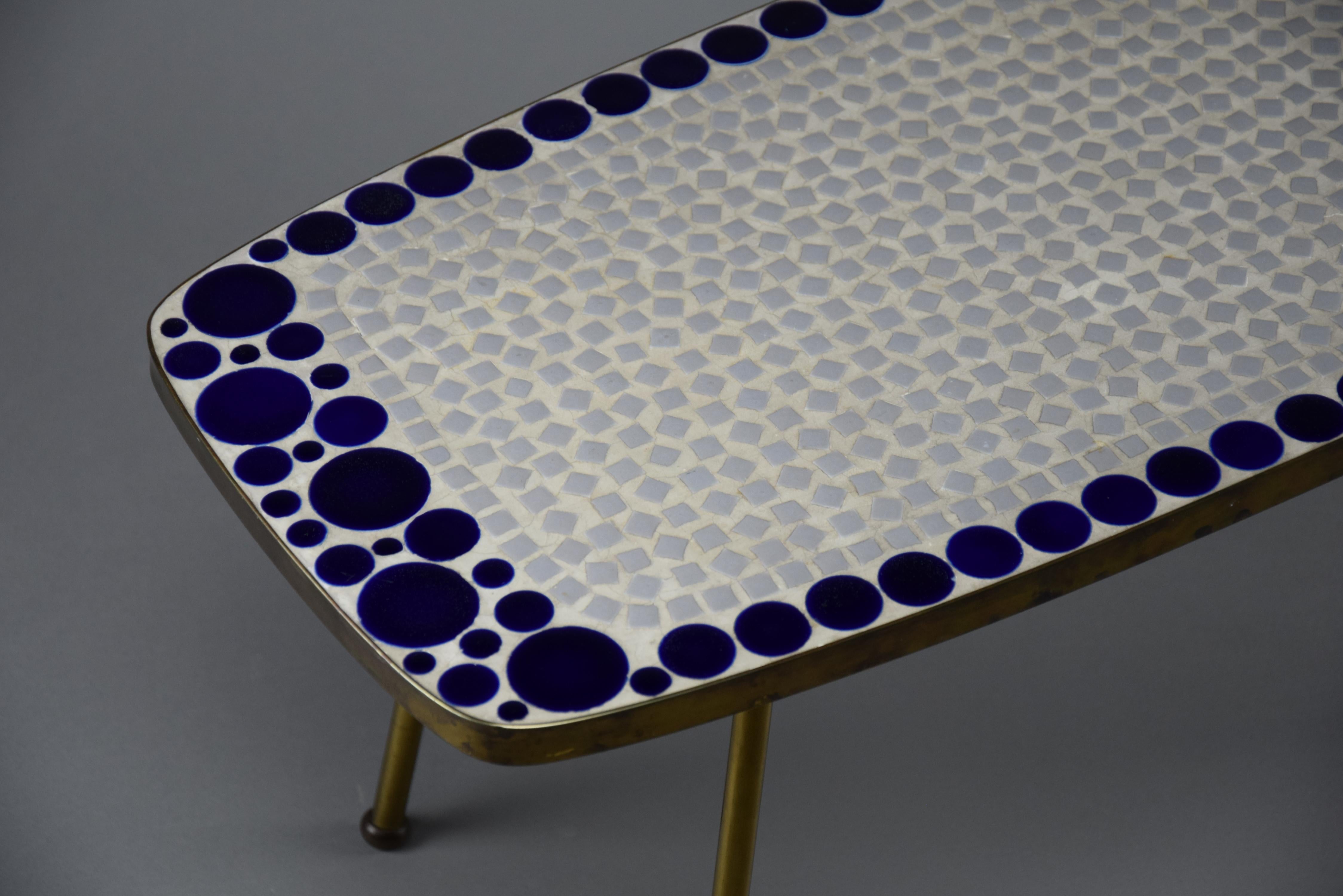 Grey and Blue Glass Mosaic Brass Mid-Century Modern Side Table For Sale 1